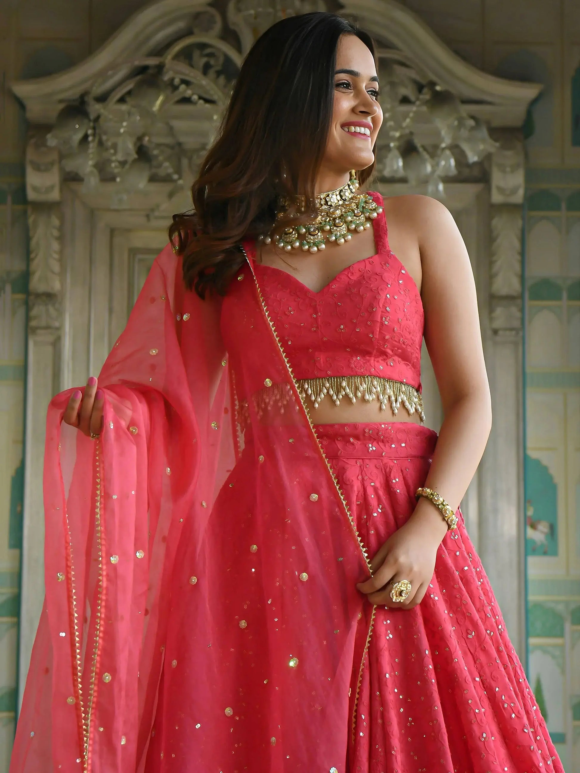 Stylish Coral Pink Thread Work Georgette Wedding Wear Lehenga With Blouse