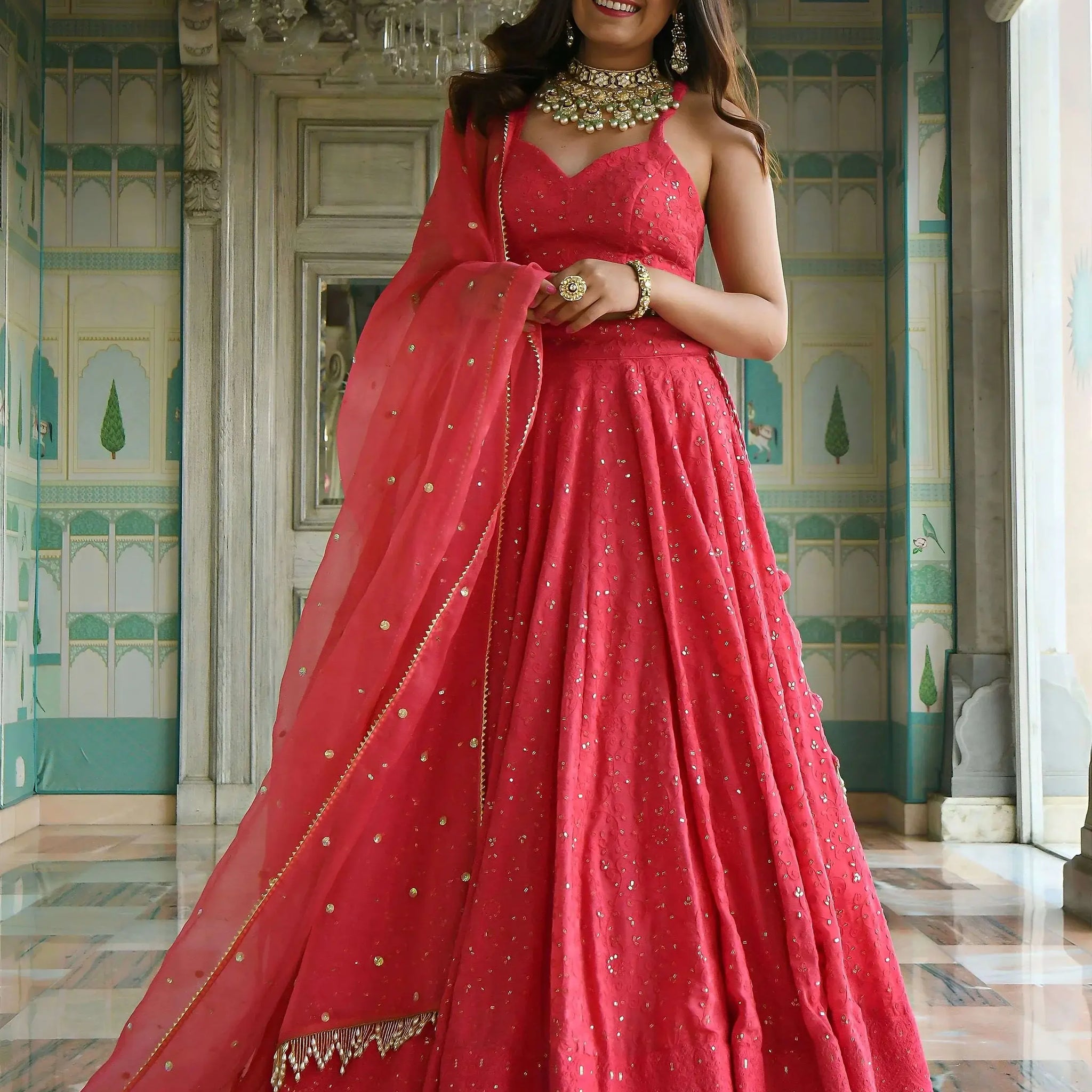 Stylish Coral Pink Thread Work Georgette Wedding Wear Lehenga With Blouse