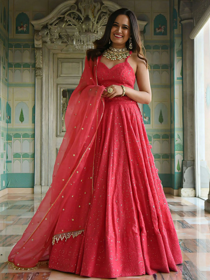 Stylish Coral Pink Thread Work Georgette Wedding Wear Lehenga With Blouse