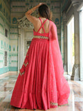 Stylish Coral Pink Thread Work Georgette Wedding Wear Lehenga With Blouse