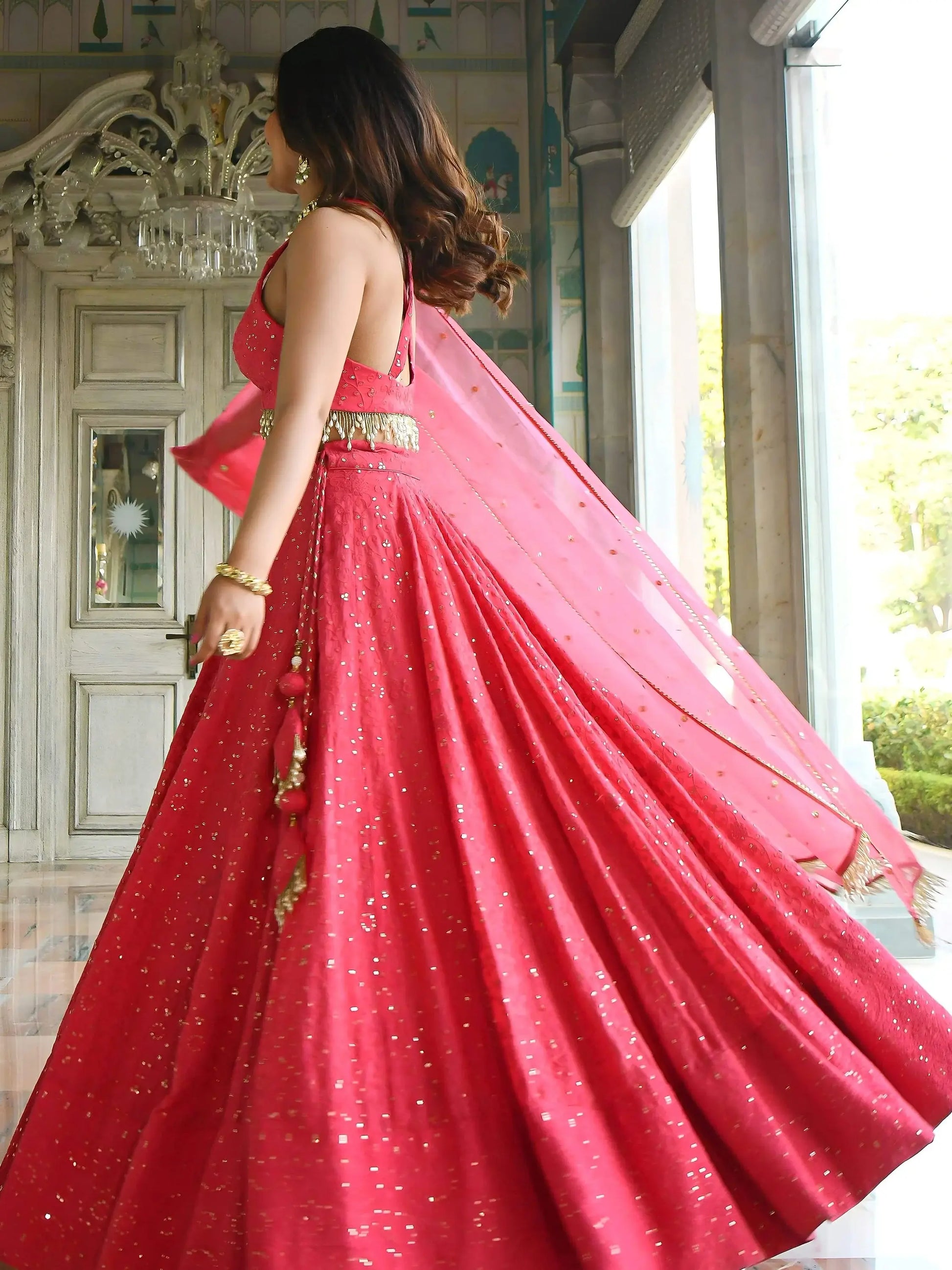 Stylish Coral Pink Thread Work Georgette Wedding Wear Lehenga With Blouse