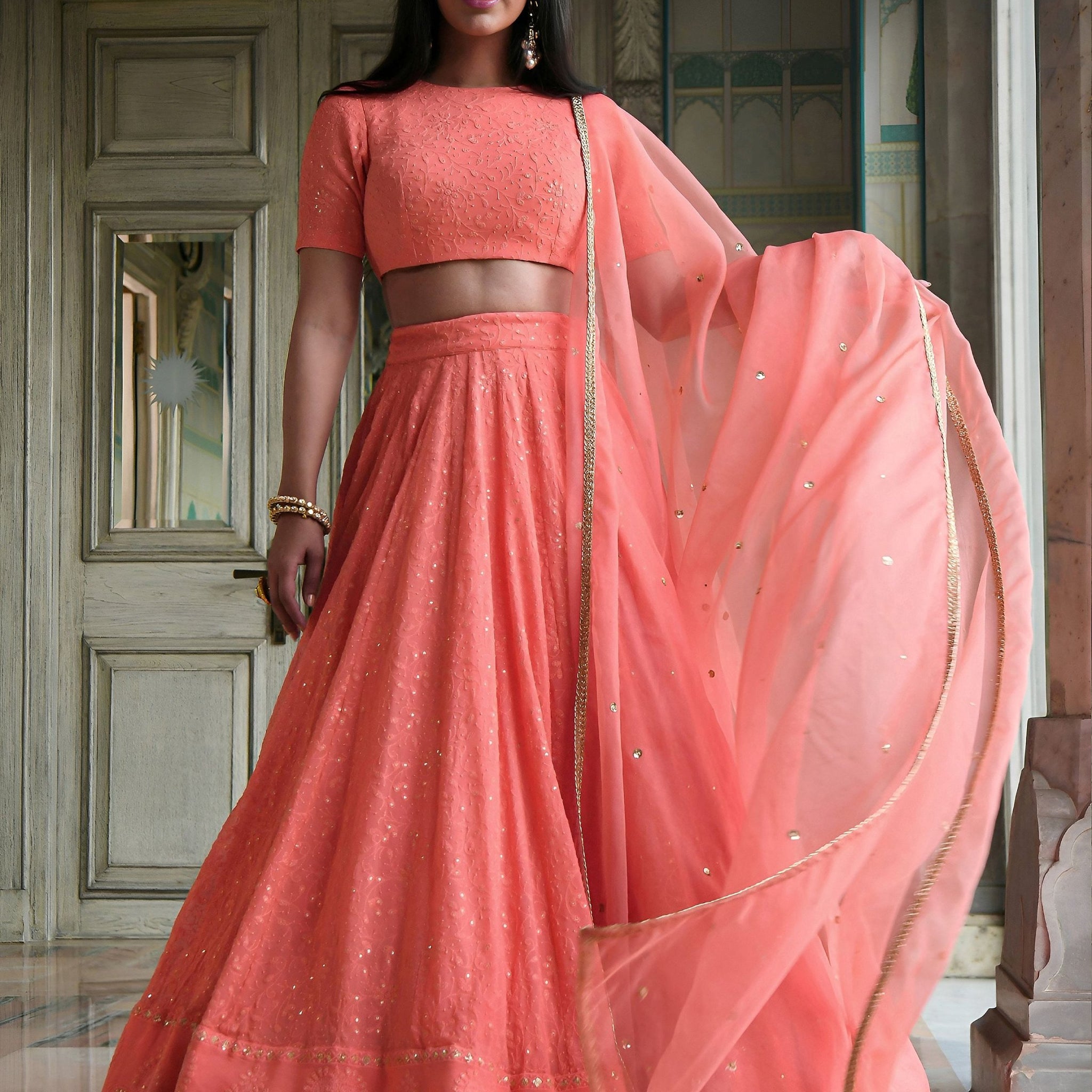 Wonderful Peach Thread Work Georgette Wedding Wear Lehenga Choli