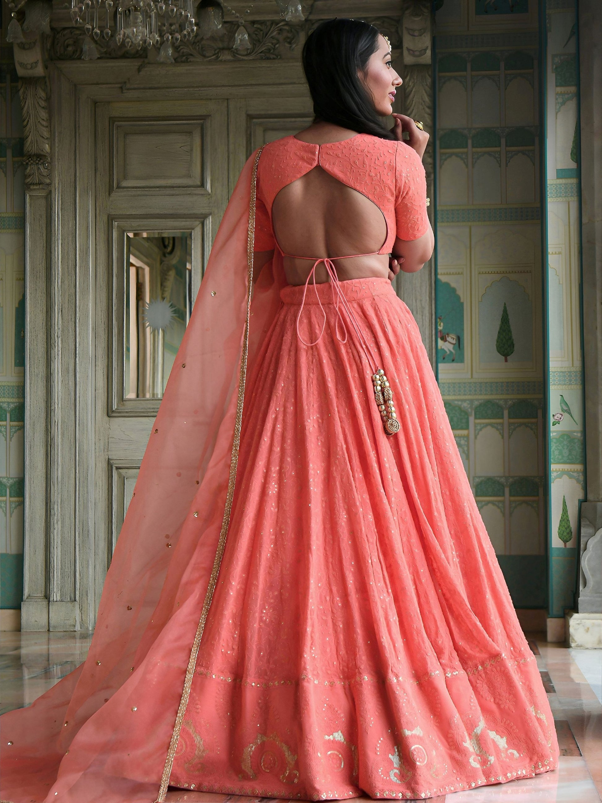 Wonderful Peach Thread Work Georgette Wedding Wear Lehenga Choli
