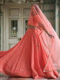 Wonderful Peach Thread Work Georgette Wedding Wear Lehenga Choli