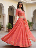Gorgeous Peach Thread Embroidery Georgette Wedding Wear Lehenga Choli