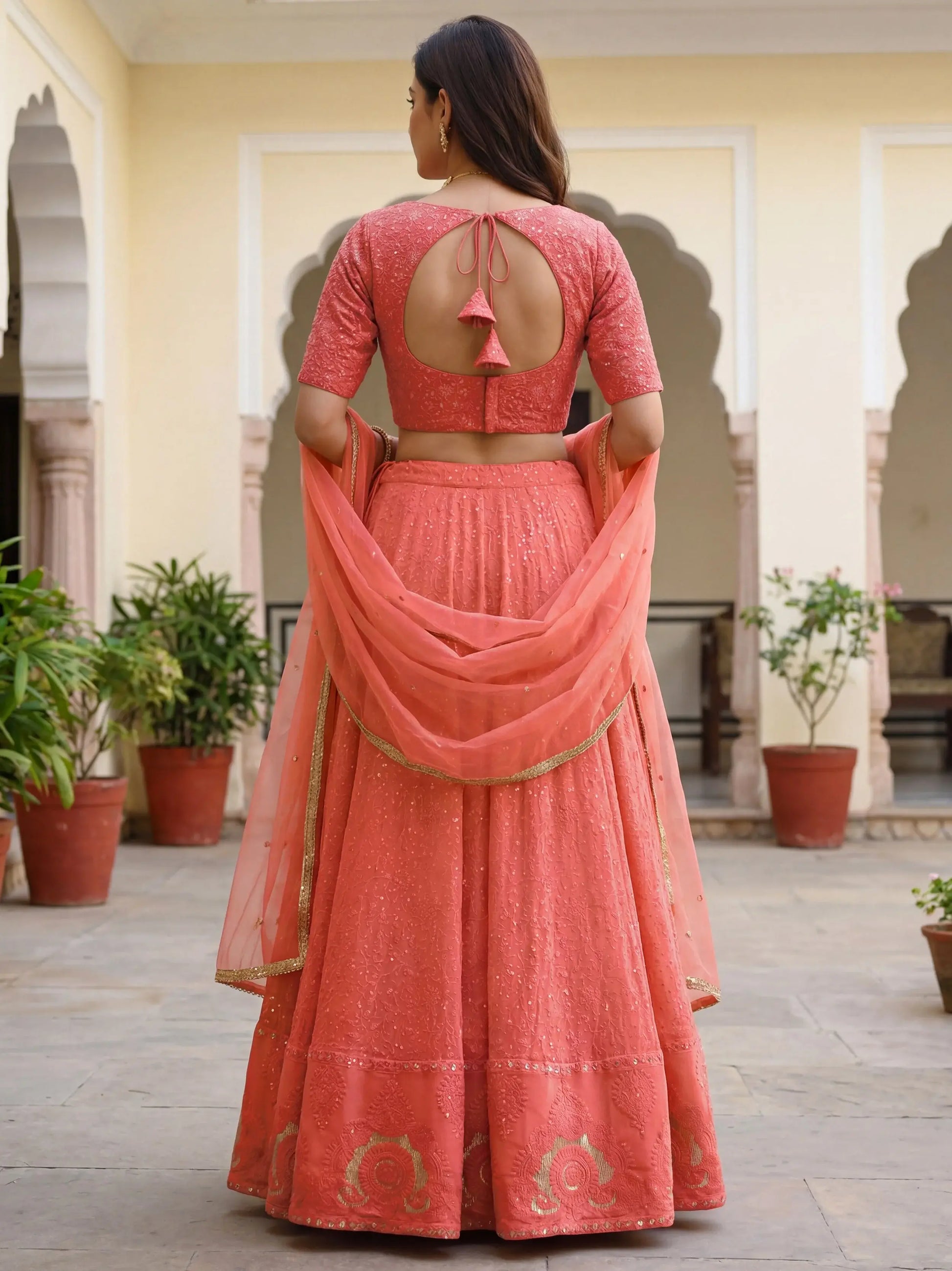 Gorgeous Peach Thread Embroidery Georgette Wedding Wear Lehenga Choli