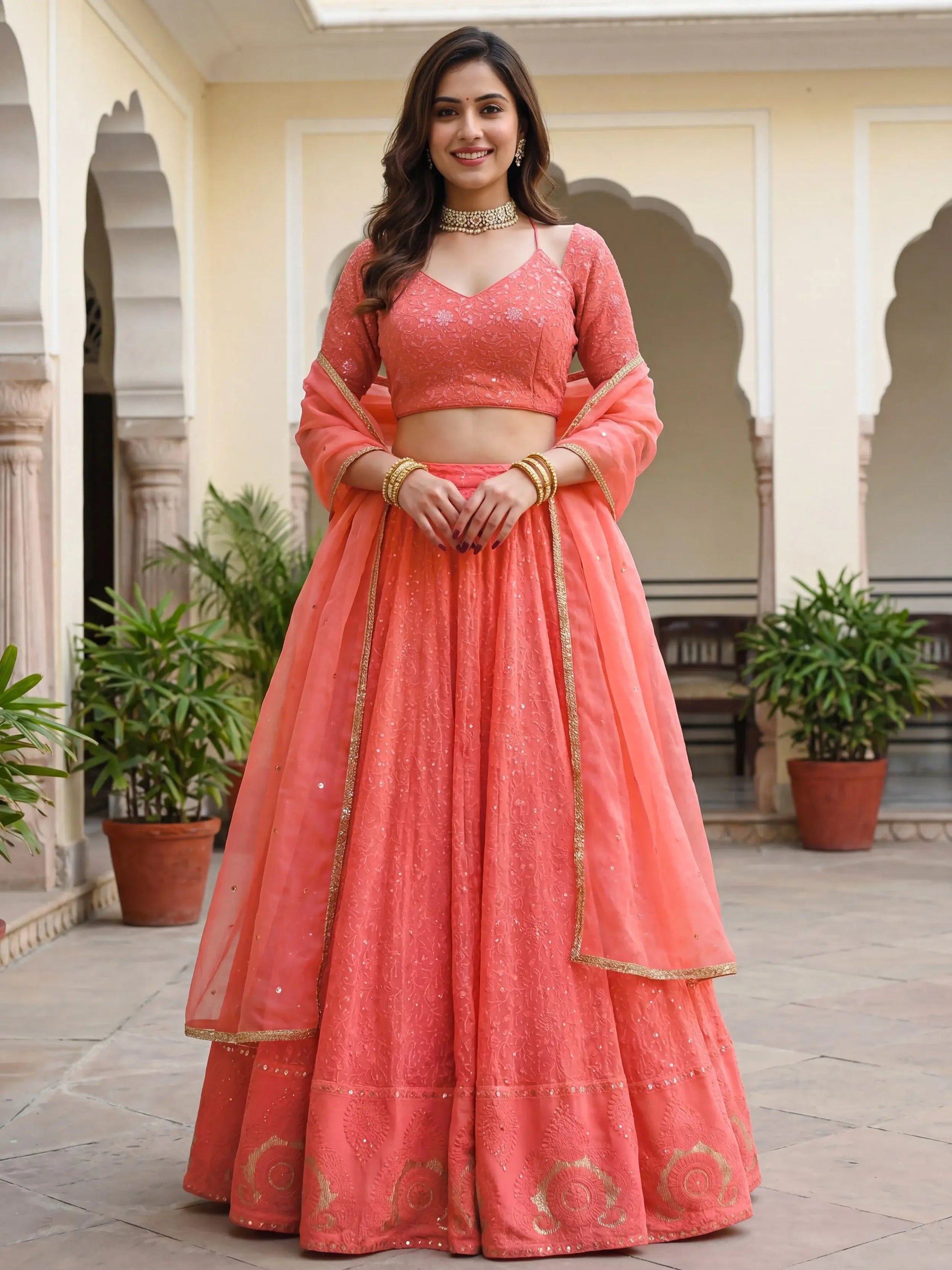 Gorgeous Peach Thread Embroidery Georgette Wedding Wear Lehenga Choli