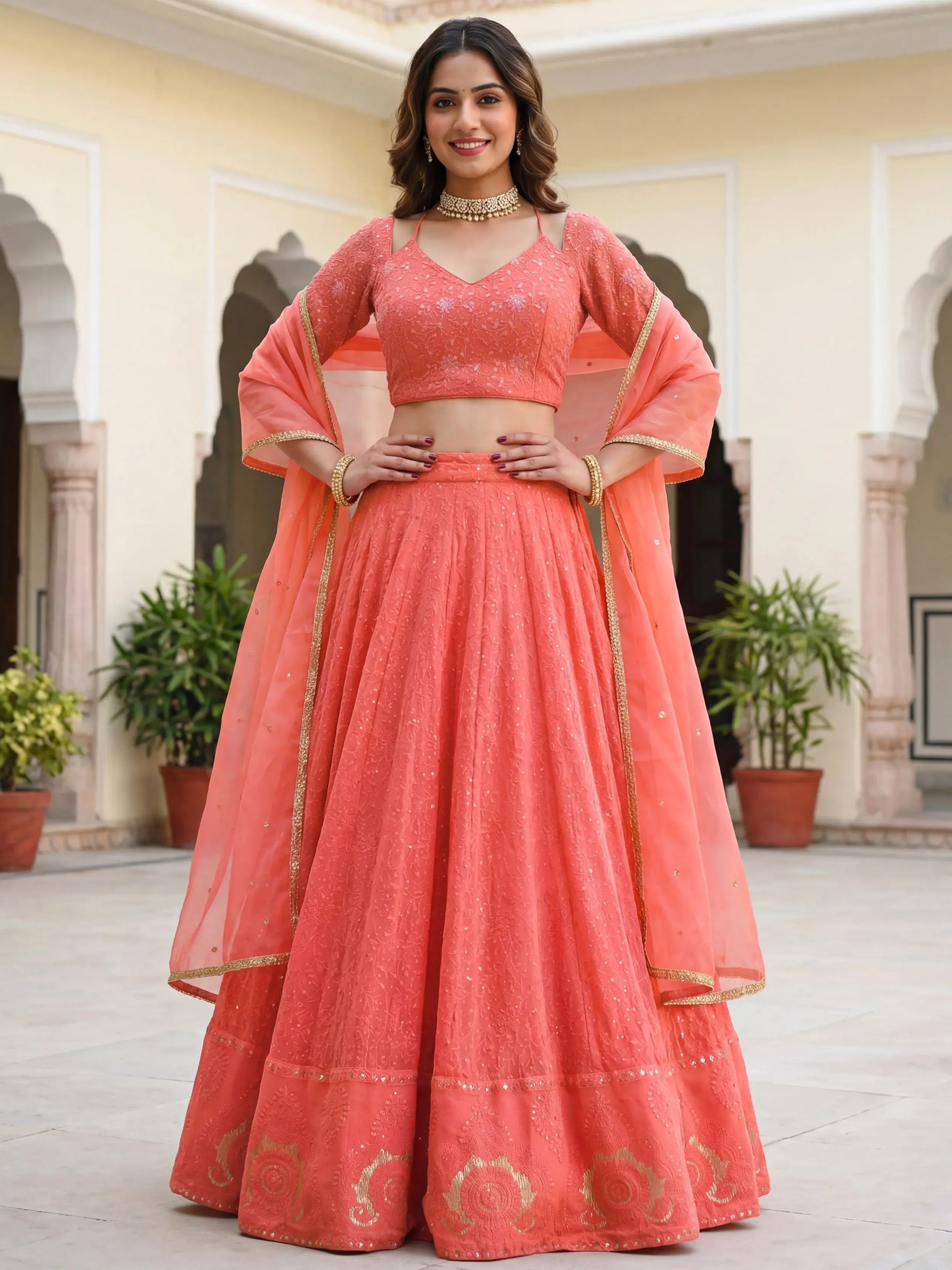 Gorgeous Peach Thread Embroidery Georgette Wedding Wear Lehenga Choli