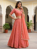 Gorgeous Peach Thread Embroidery Georgette Wedding Wear Lehenga Choli
