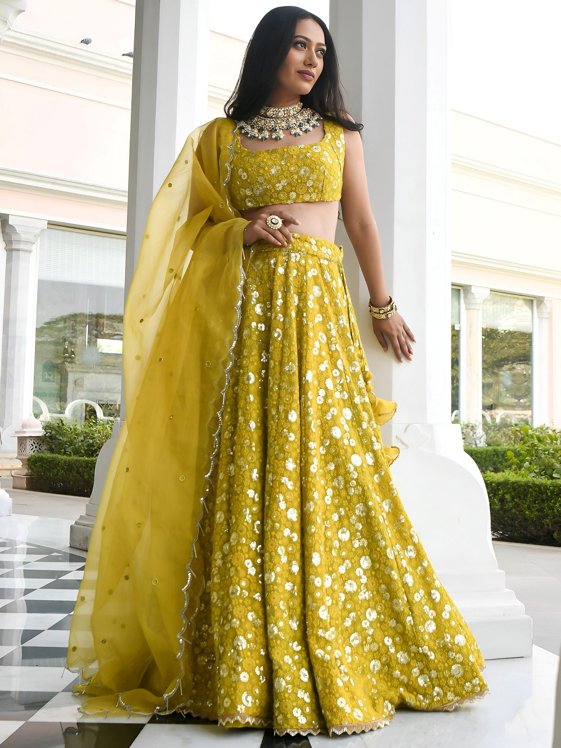 Awesome Yellow Thread Embroidered Georgette Wedding Wear Lehenga Choli