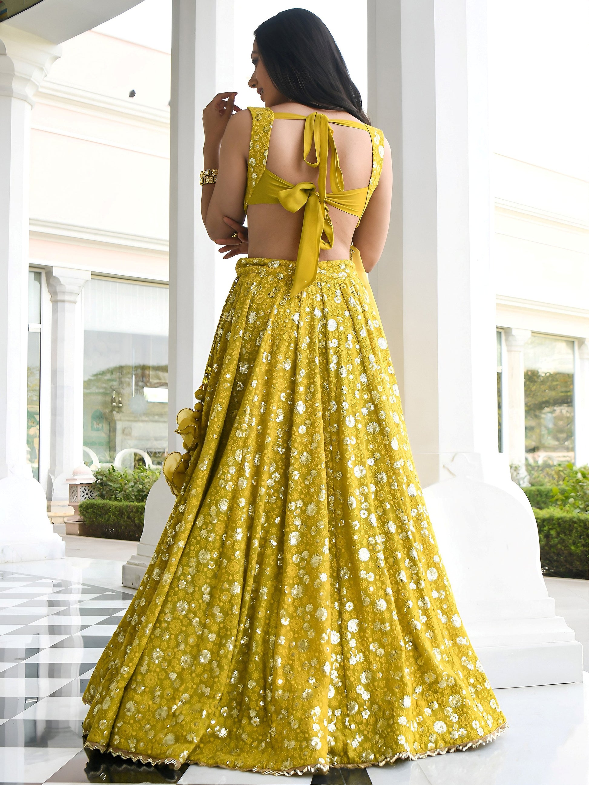 Awesome Yellow Thread Embroidered Georgette Wedding Wear Lehenga Choli