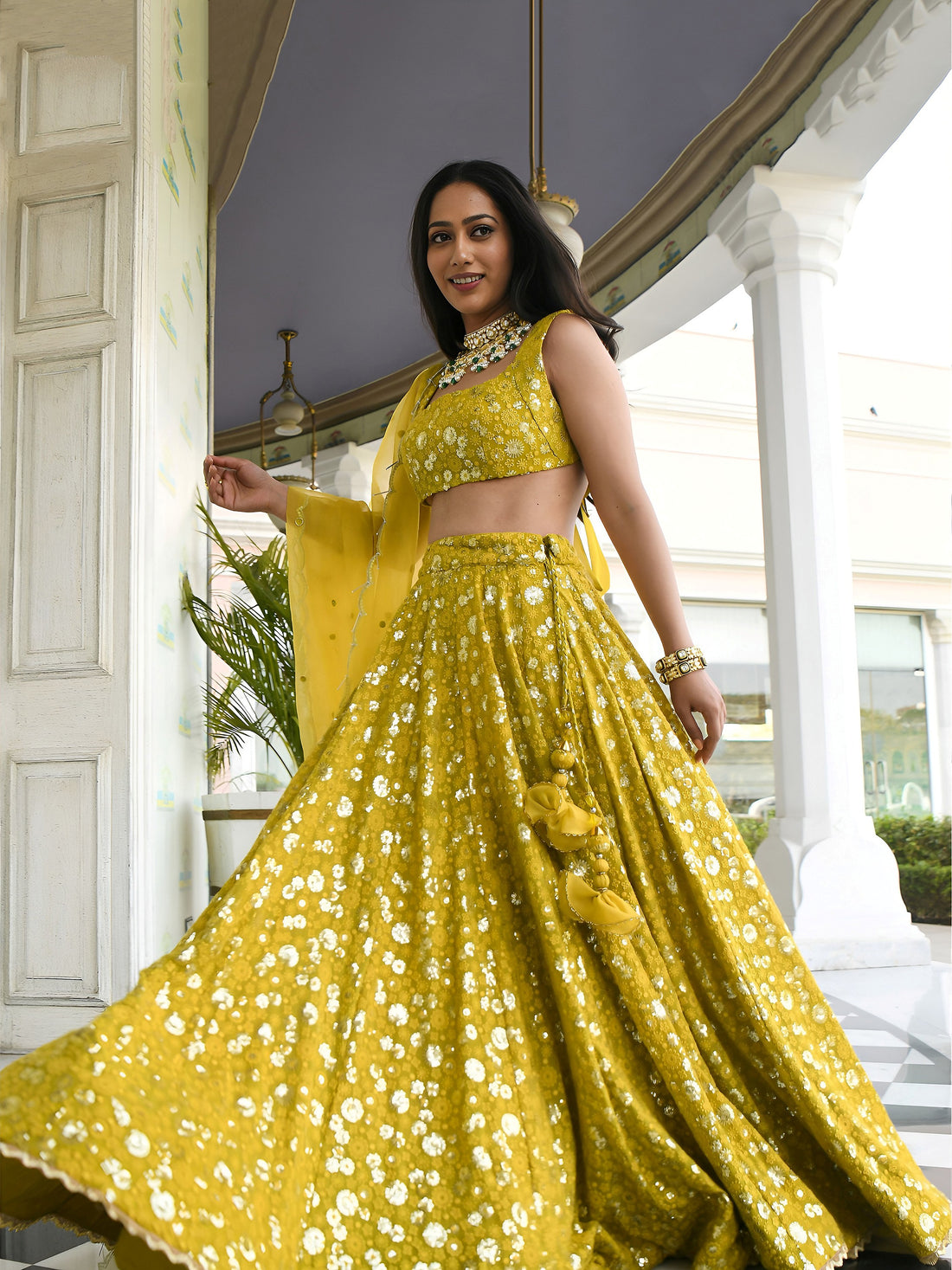 Awesome Yellow Thread Embroidered Georgette Wedding Wear Lehenga Choli