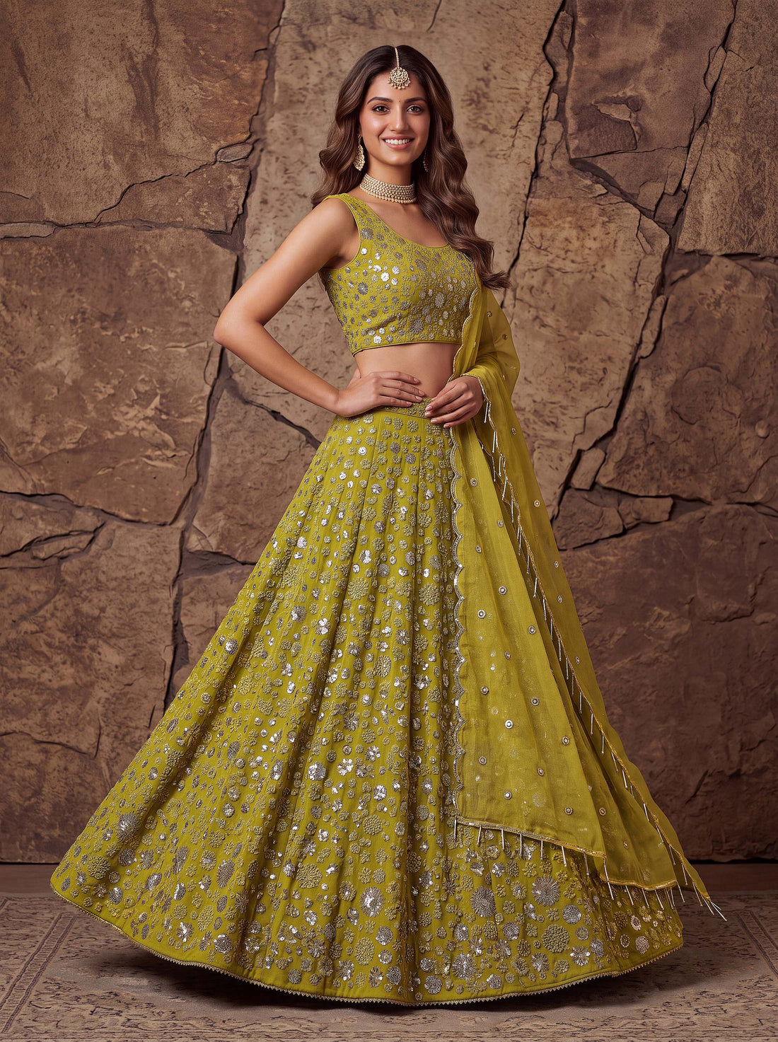 Radiant Yellow Sequin Work Georgette Wedding Wear Lehenga Choli