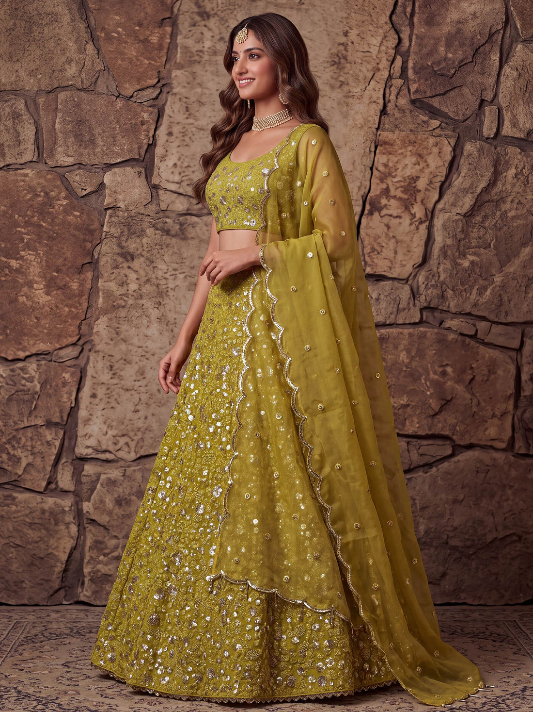Radiant Yellow Sequin Work Georgette Wedding Wear Lehenga Choli