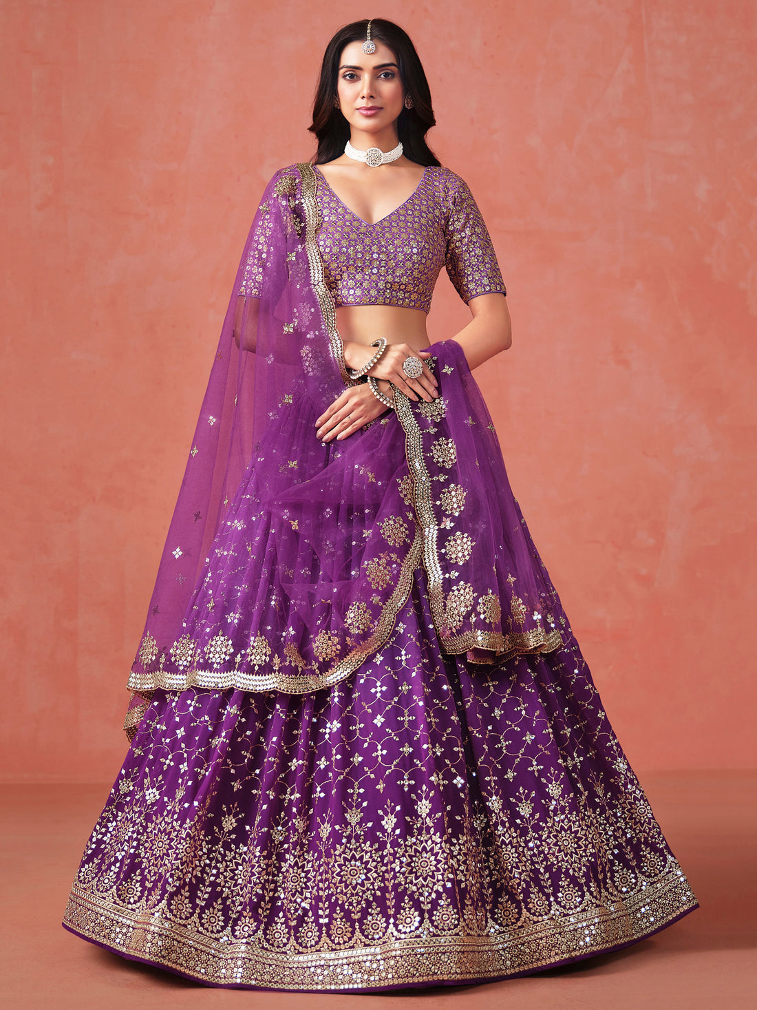 Stunning Purple Ceremonial Wear Georgette Lehenga Choli With Dupatta