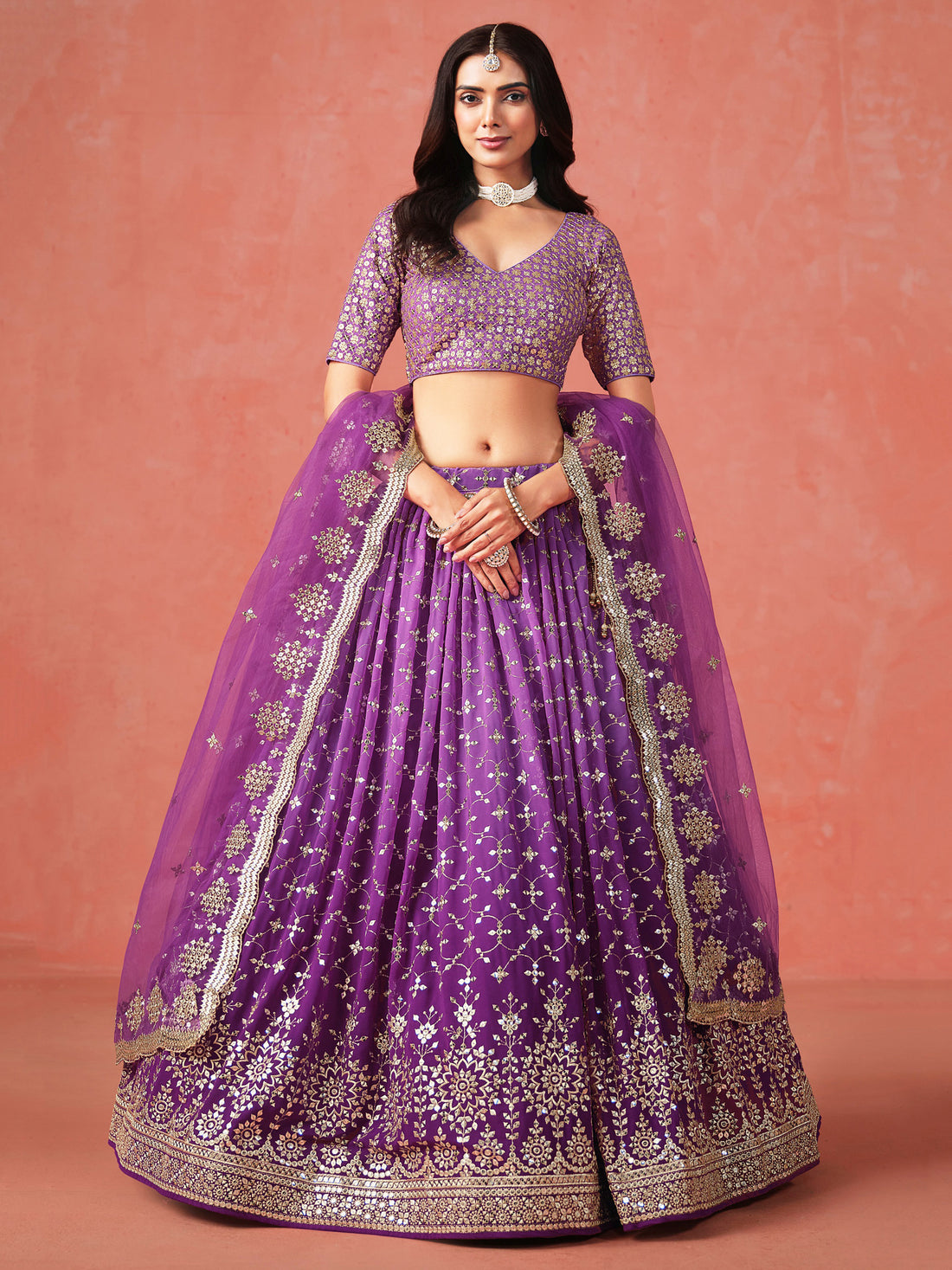 Stunning Purple Ceremonial Wear Georgette Lehenga Choli With Dupatta