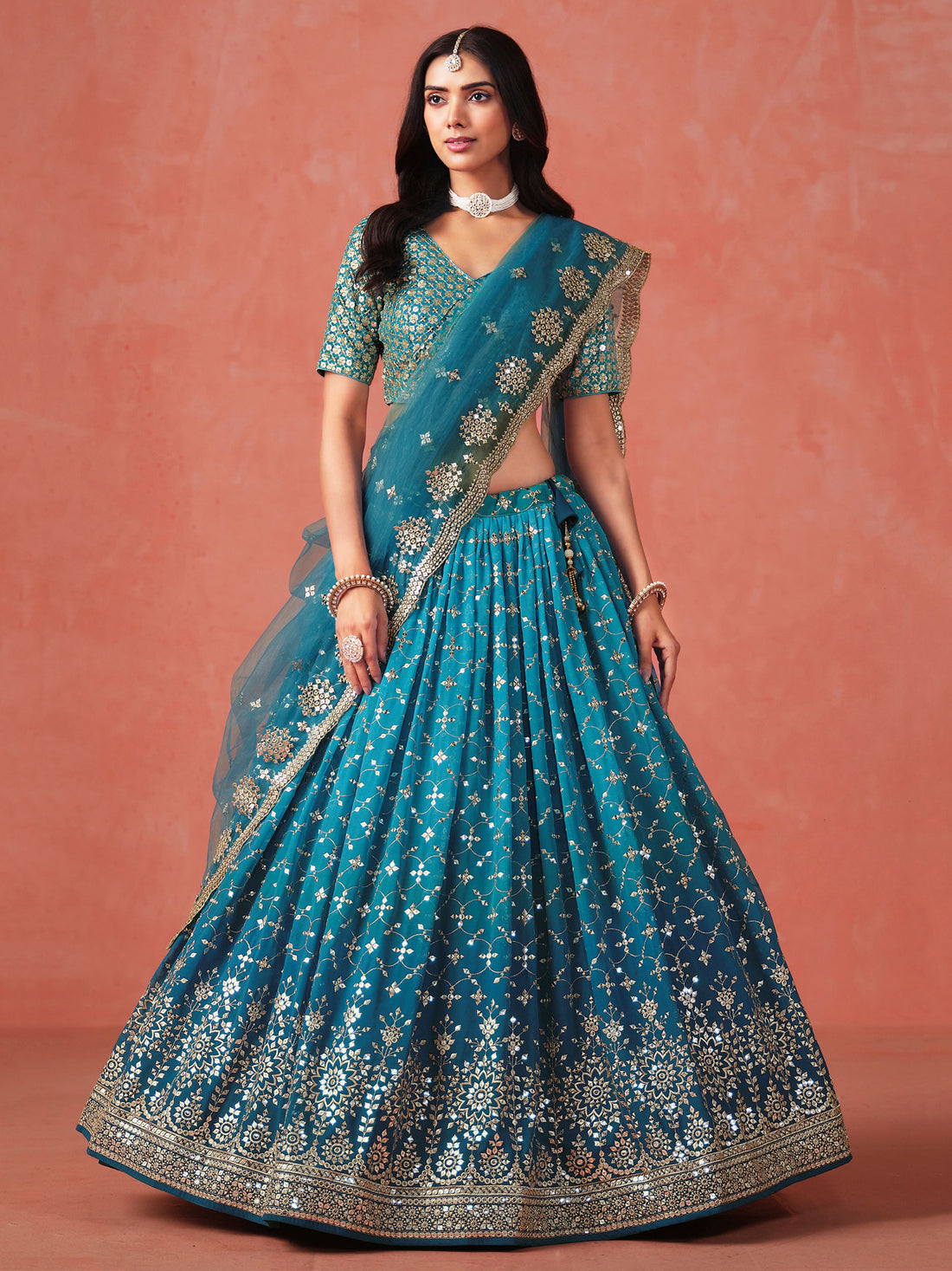 Charming Teal Blue Sequins Work Georgette Lehenga Choli