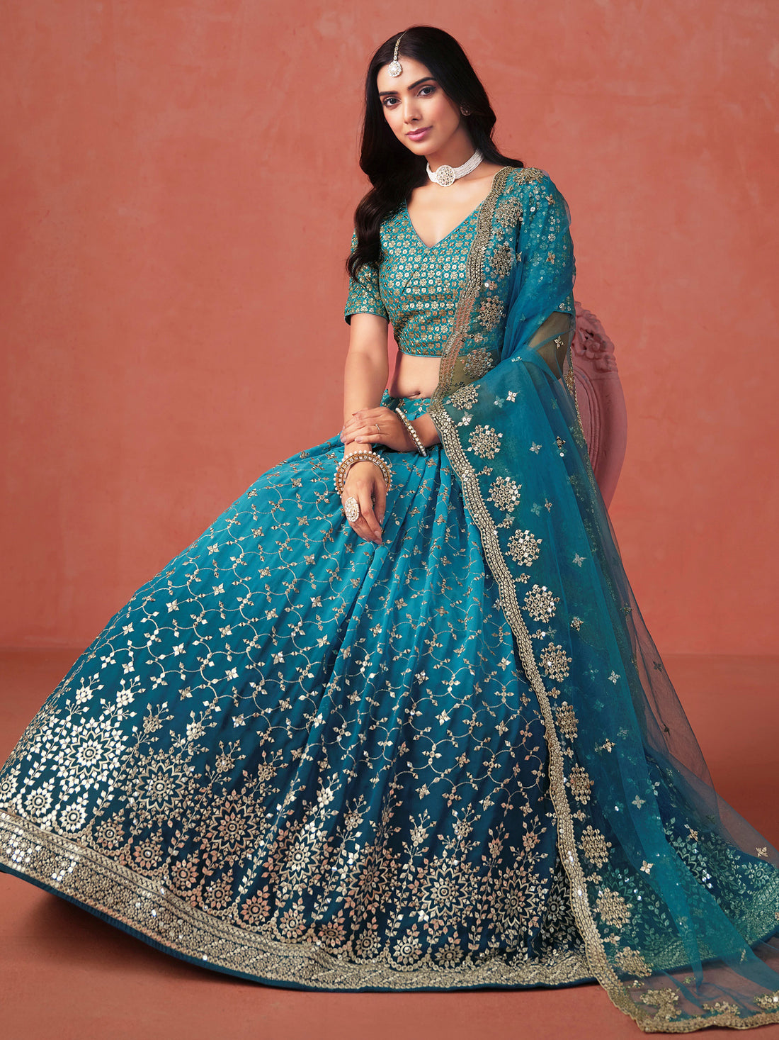 Charming Teal Blue Sequins Work Georgette Lehenga Choli