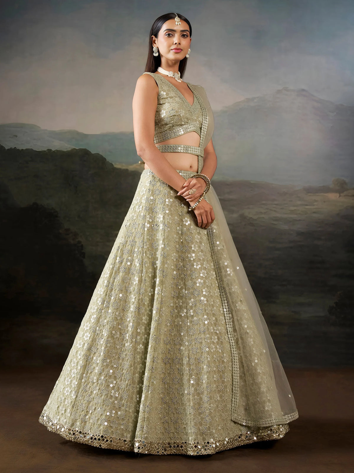 Sparkling Green Sequins Work Georgette Wedding Wear Lehenga Choli