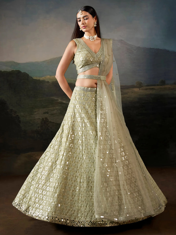 Sparkling Green Sequins Work Georgette Wedding Wear Lehenga Choli