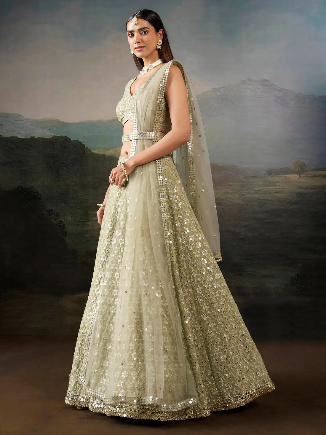 Sparkling Green Sequins Work Georgette Wedding Wear Lehenga Choli