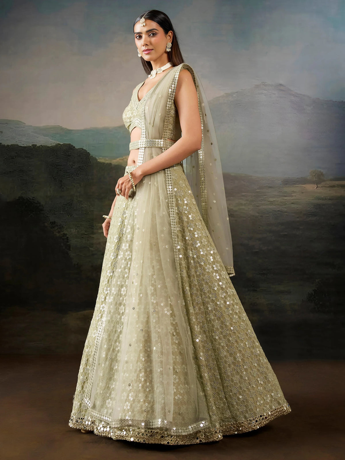 Sparkling Green Sequins Work Georgette Wedding Wear Lehenga Choli