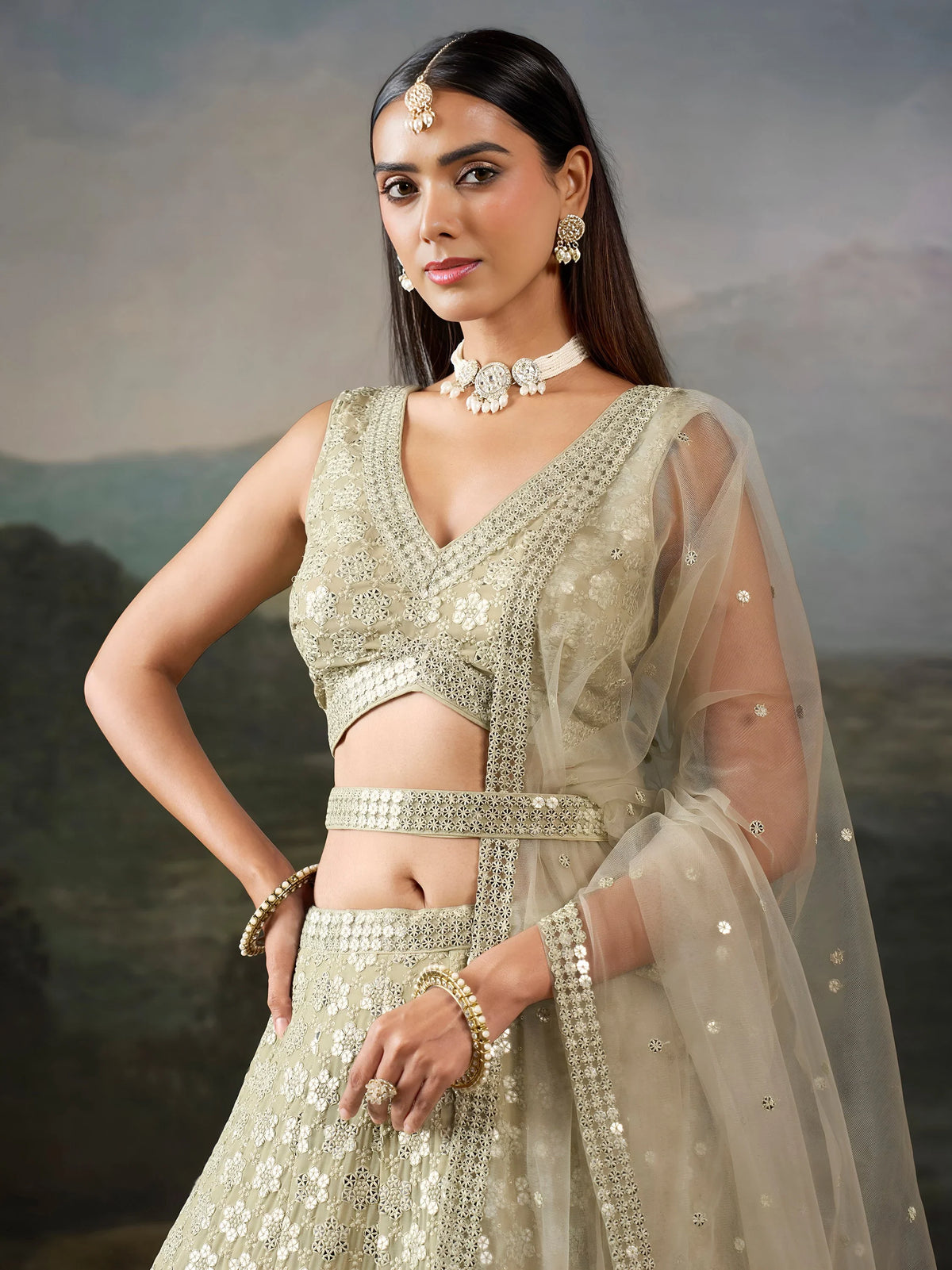 Sparkling Green Sequins Work Georgette Wedding Wear Lehenga Choli