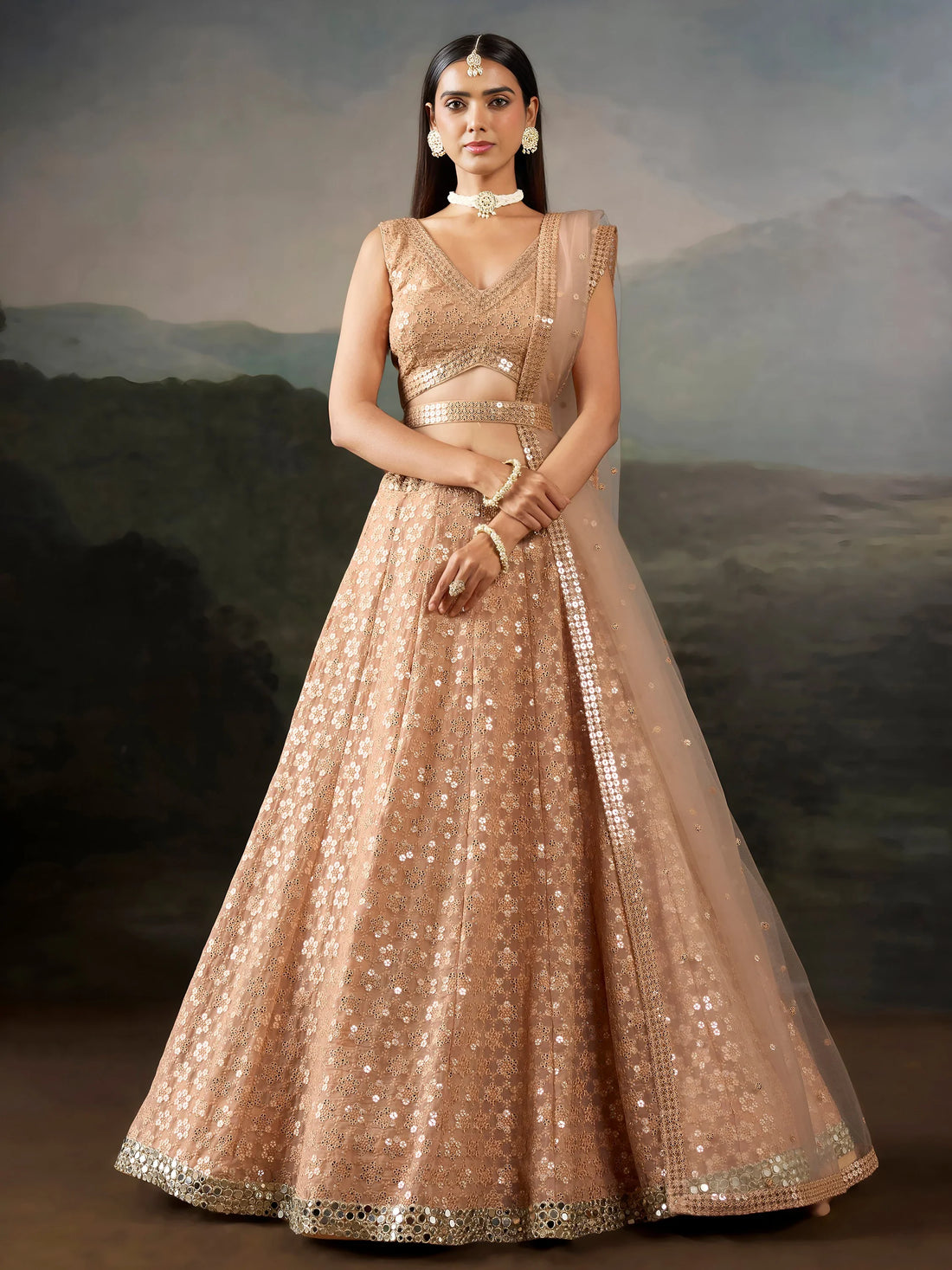 Gorgeous Peach Thread Work Georgette Marriage Wear Lehenga Choli