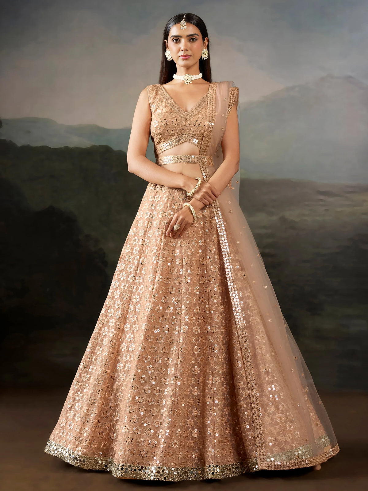 Gorgeous Peach Thread Work Georgette Marriage Wear Lehenga Choli