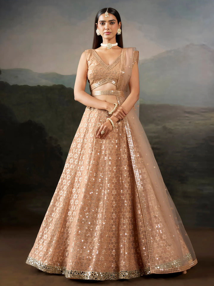 Gorgeous Peach Thread Work Georgette Marriage Wear Lehenga Choli