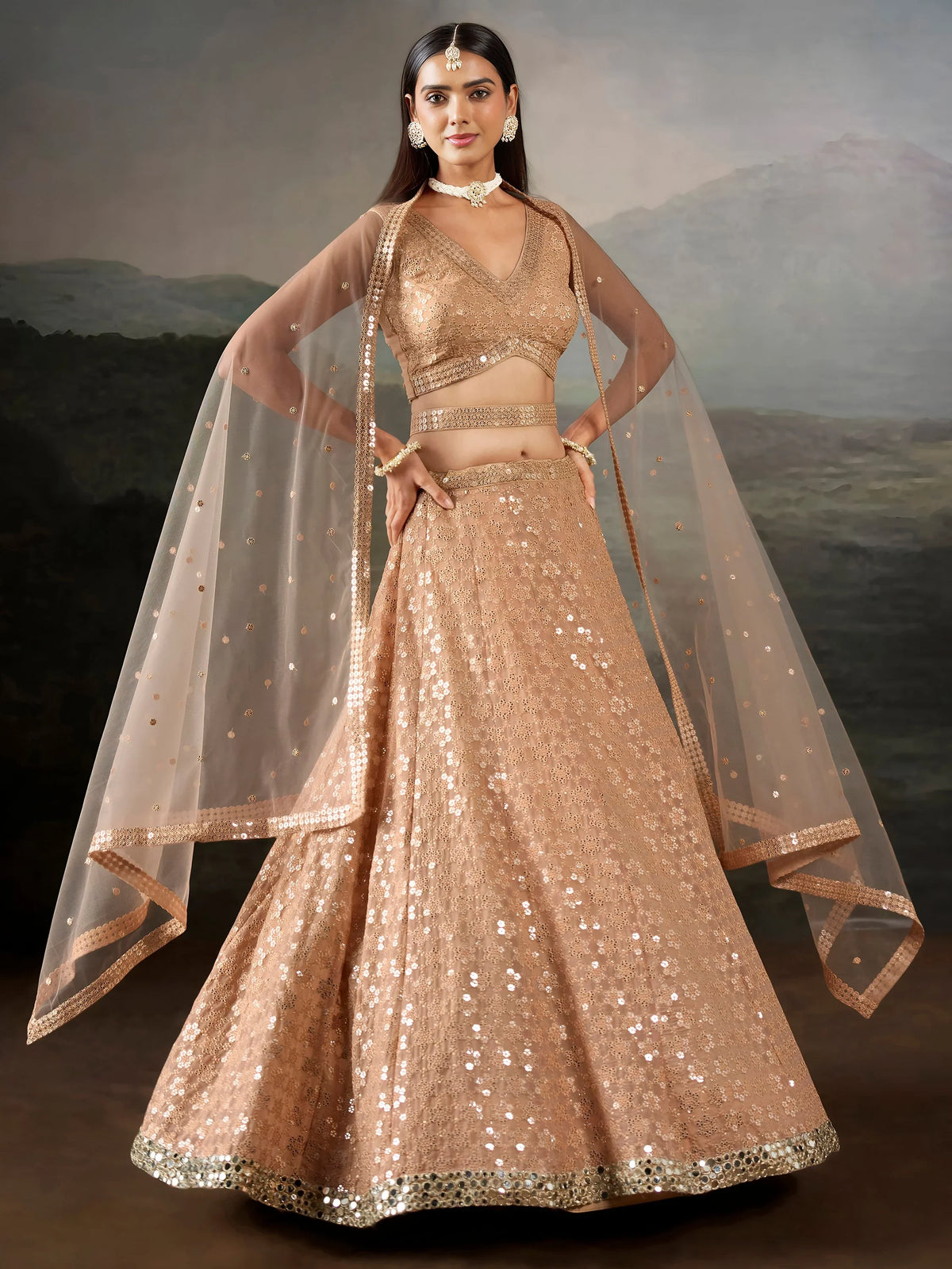 Gorgeous Peach Thread Work Georgette Marriage Wear Lehenga Choli