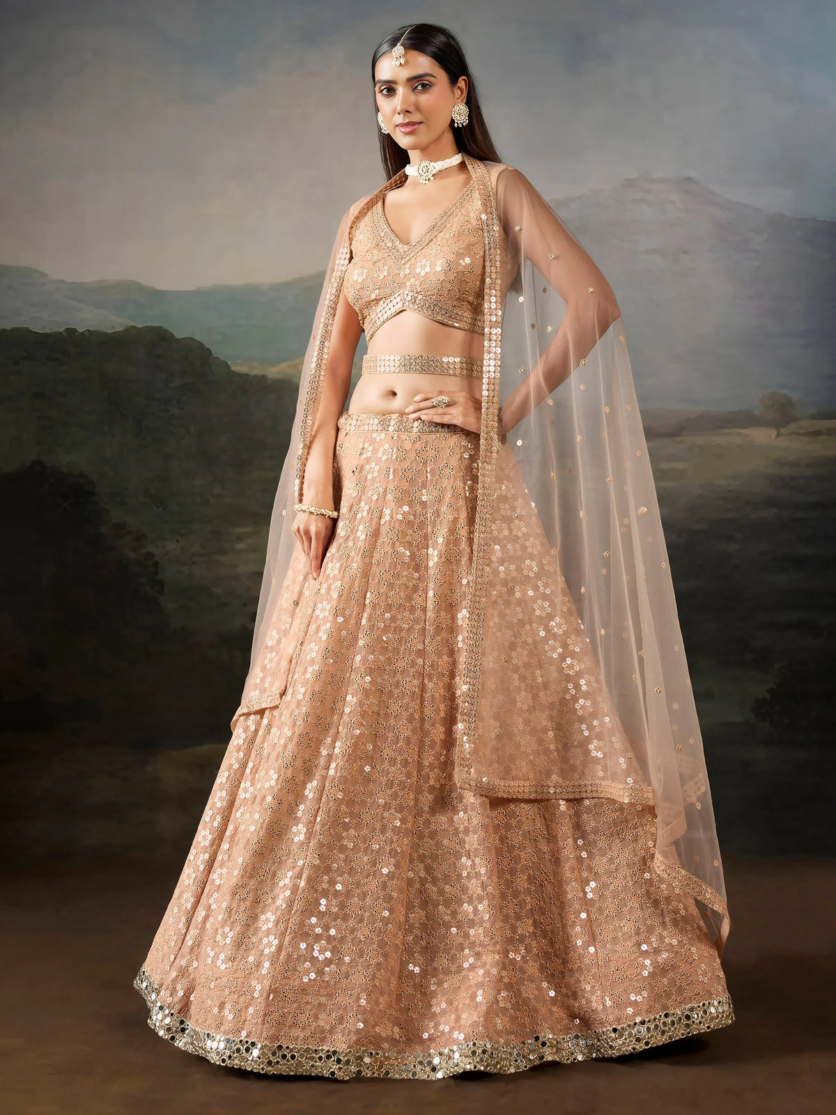 Gorgeous Peach Thread Work Georgette Marriage Wear Lehenga Choli