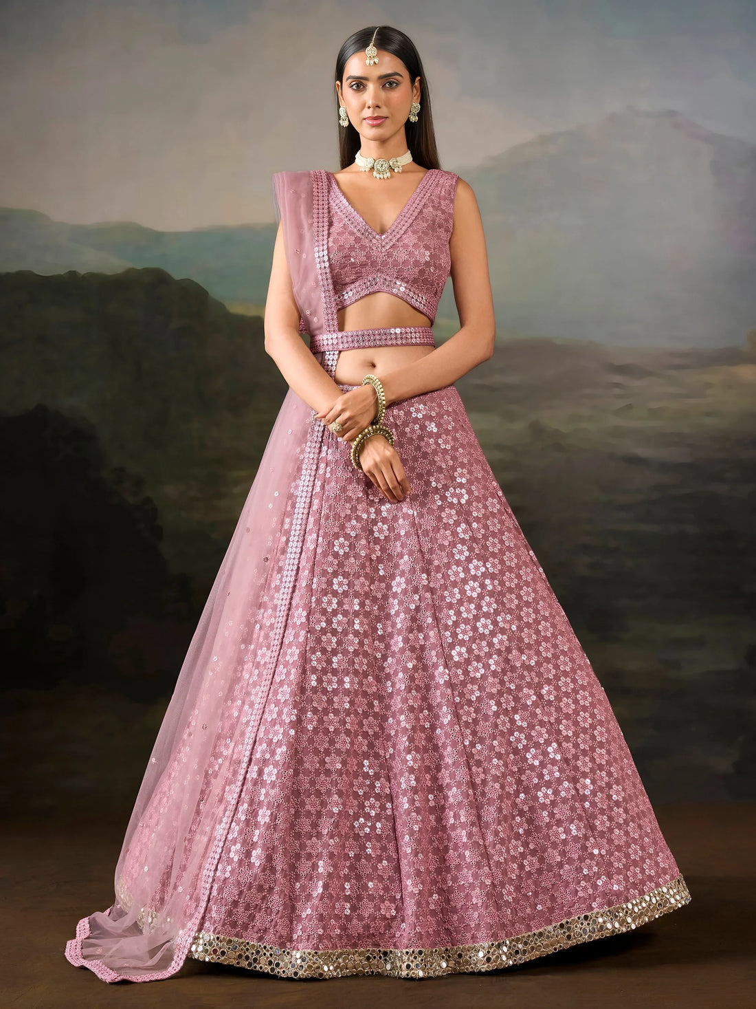 Dazzling Pink Mirror Work Georgette Function Wear Lehenga Choli