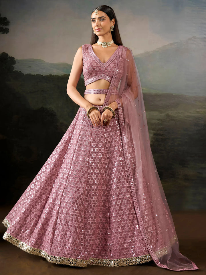 Dazzling Pink Mirror Work Georgette Function Wear Lehenga Choli