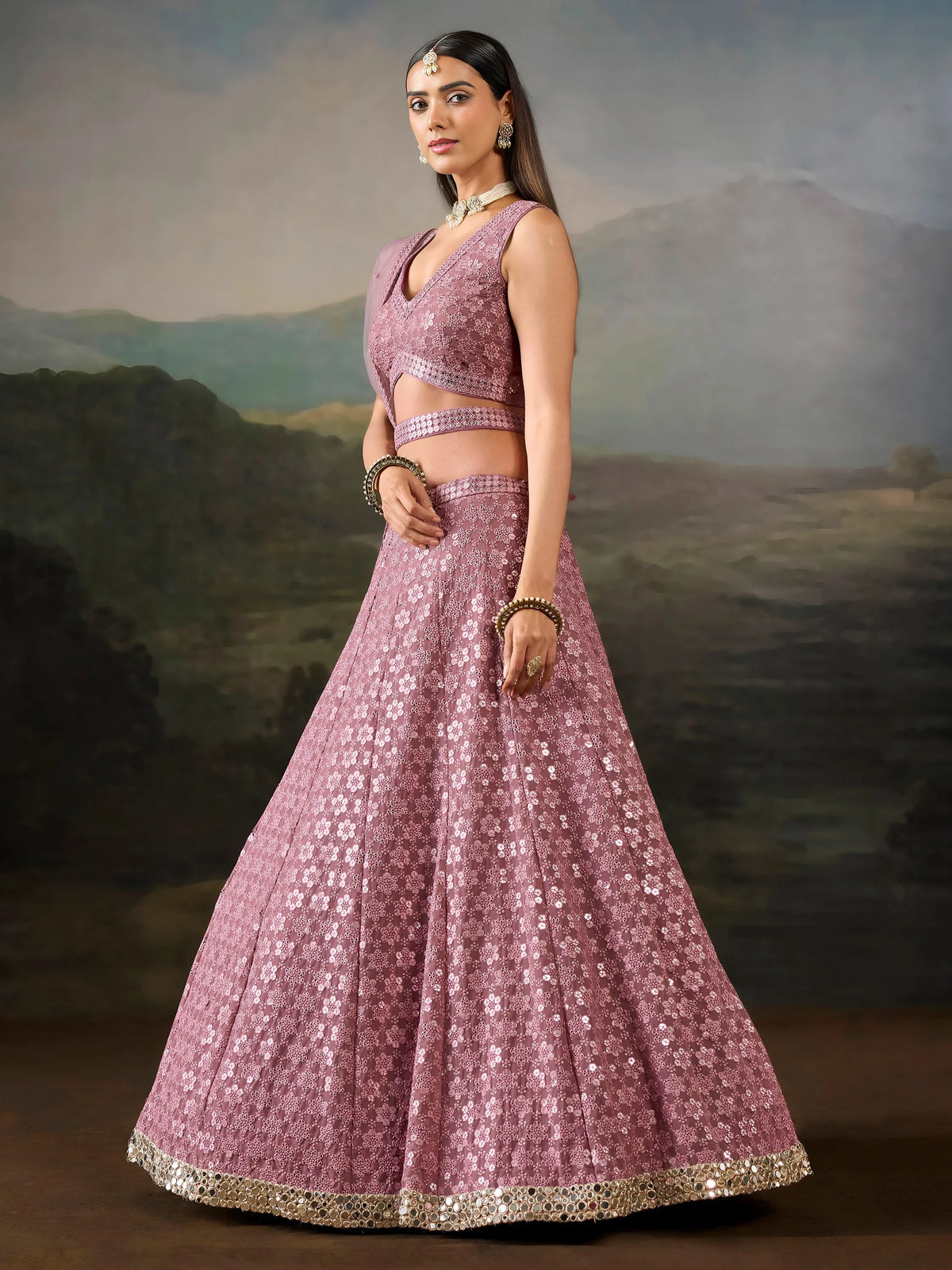 Dazzling Pink Mirror Work Georgette Function Wear Lehenga Choli