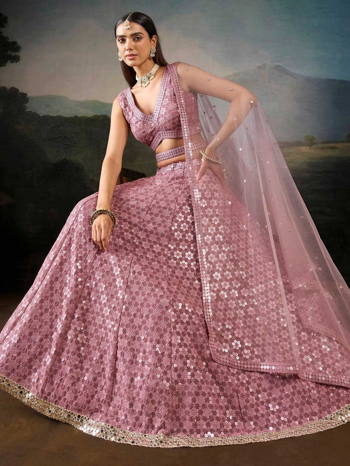 Dazzling Pink Mirror Work Georgette Function Wear Lehenga Choli