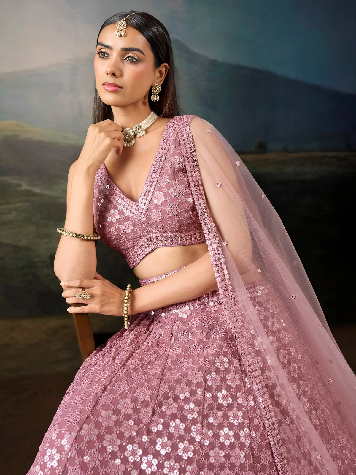 Dazzling Pink Mirror Work Georgette Function Wear Lehenga Choli