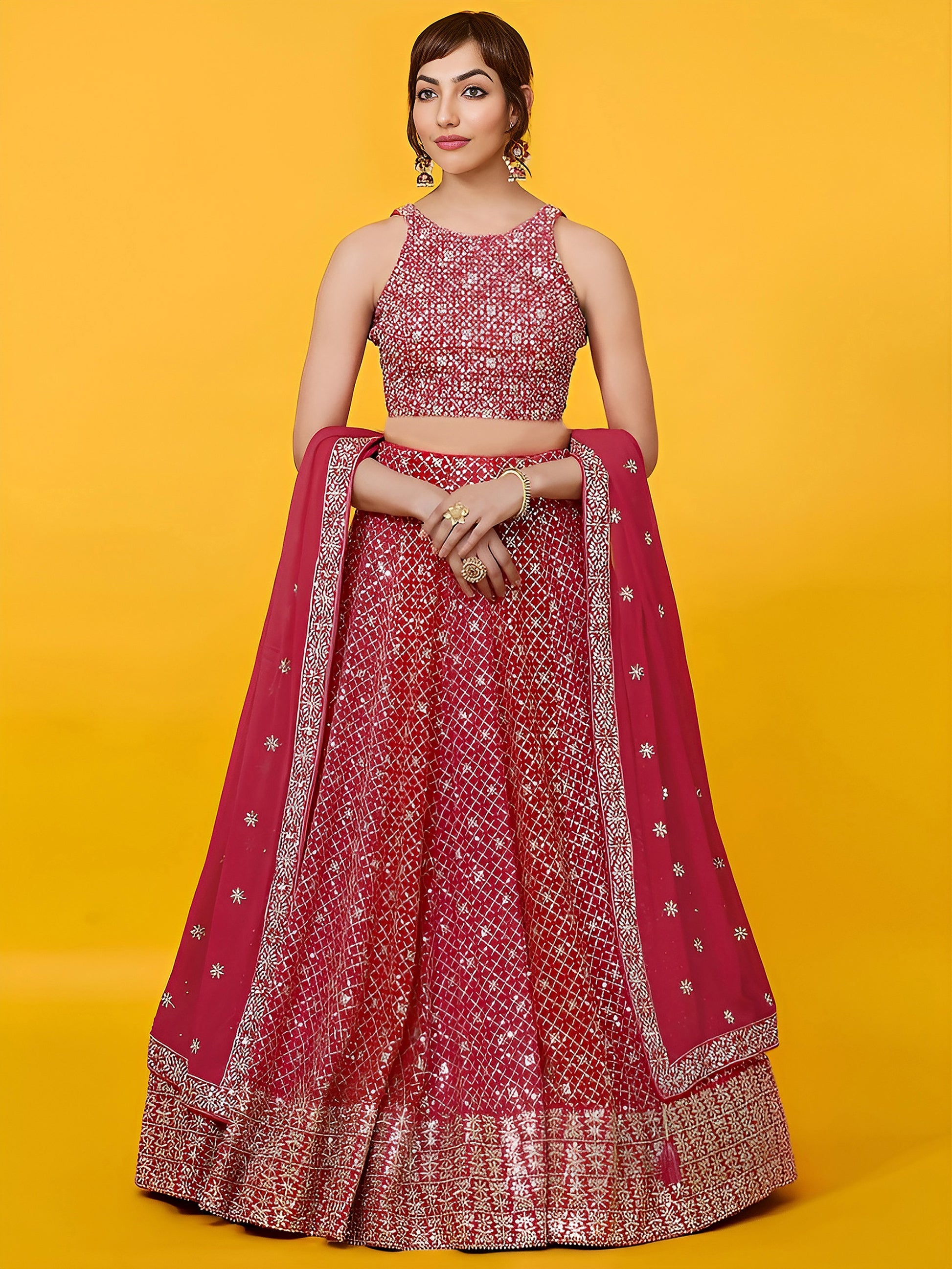Precious Red Sequins Georgette Wedding Lehenga Choli With Dupatta