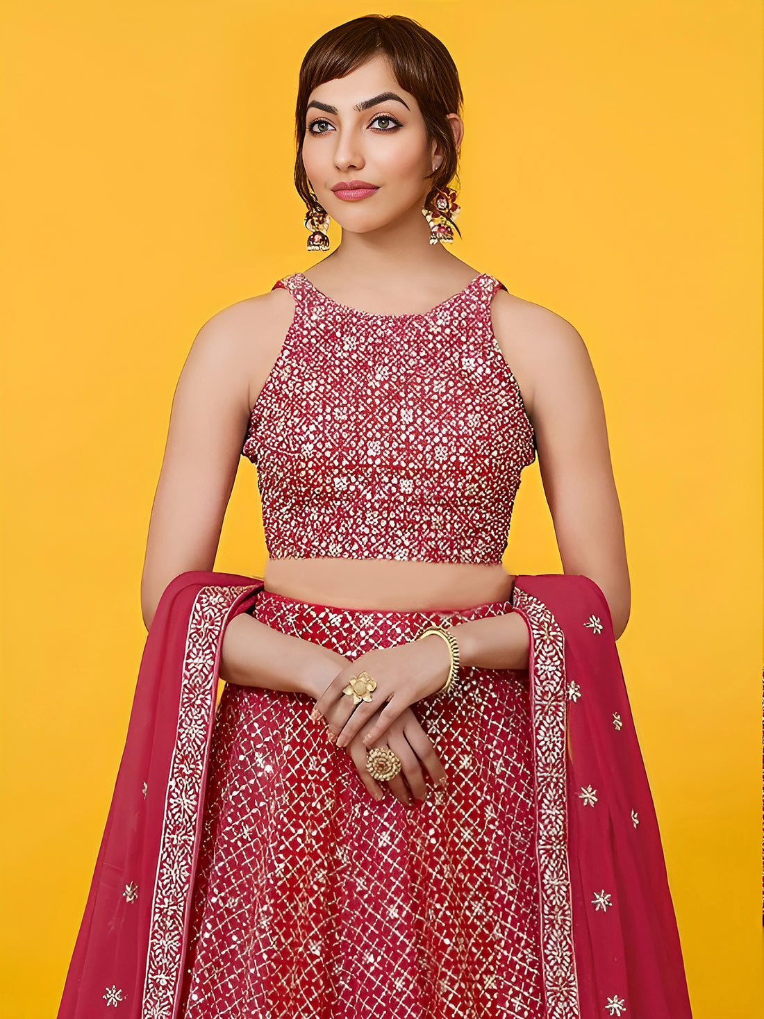 Precious Red Sequins Georgette Wedding Lehenga Choli With Dupatta