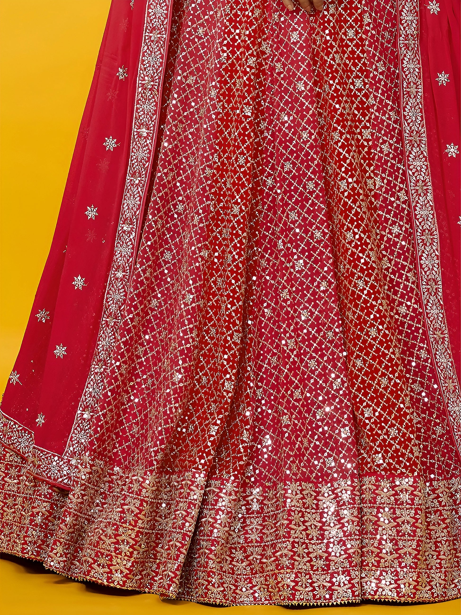 Precious Red Sequins Georgette Wedding Lehenga Choli With Dupatta