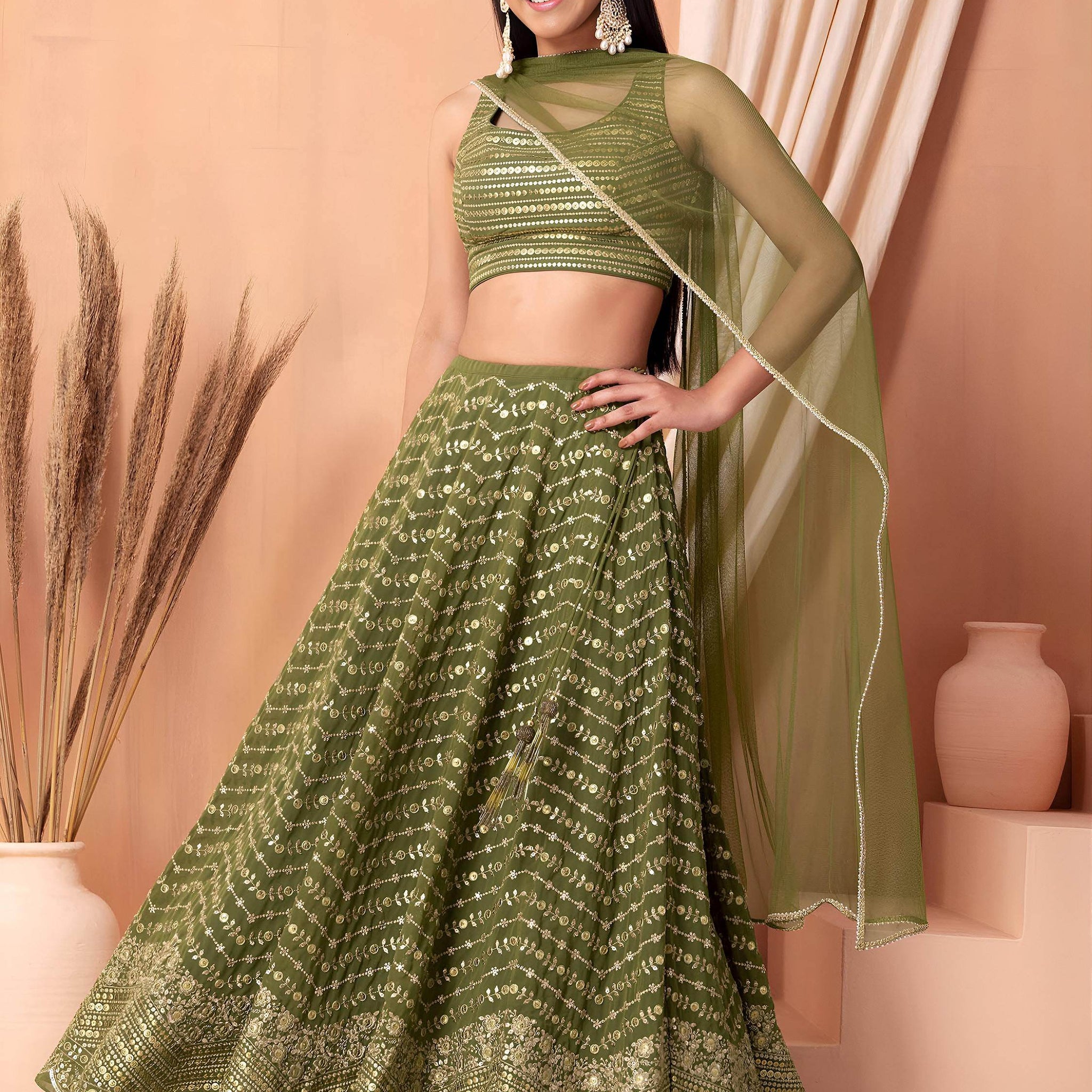 Ravishing Green Zari Embroidery Georgette Mehendi Wear Lehenga Choli