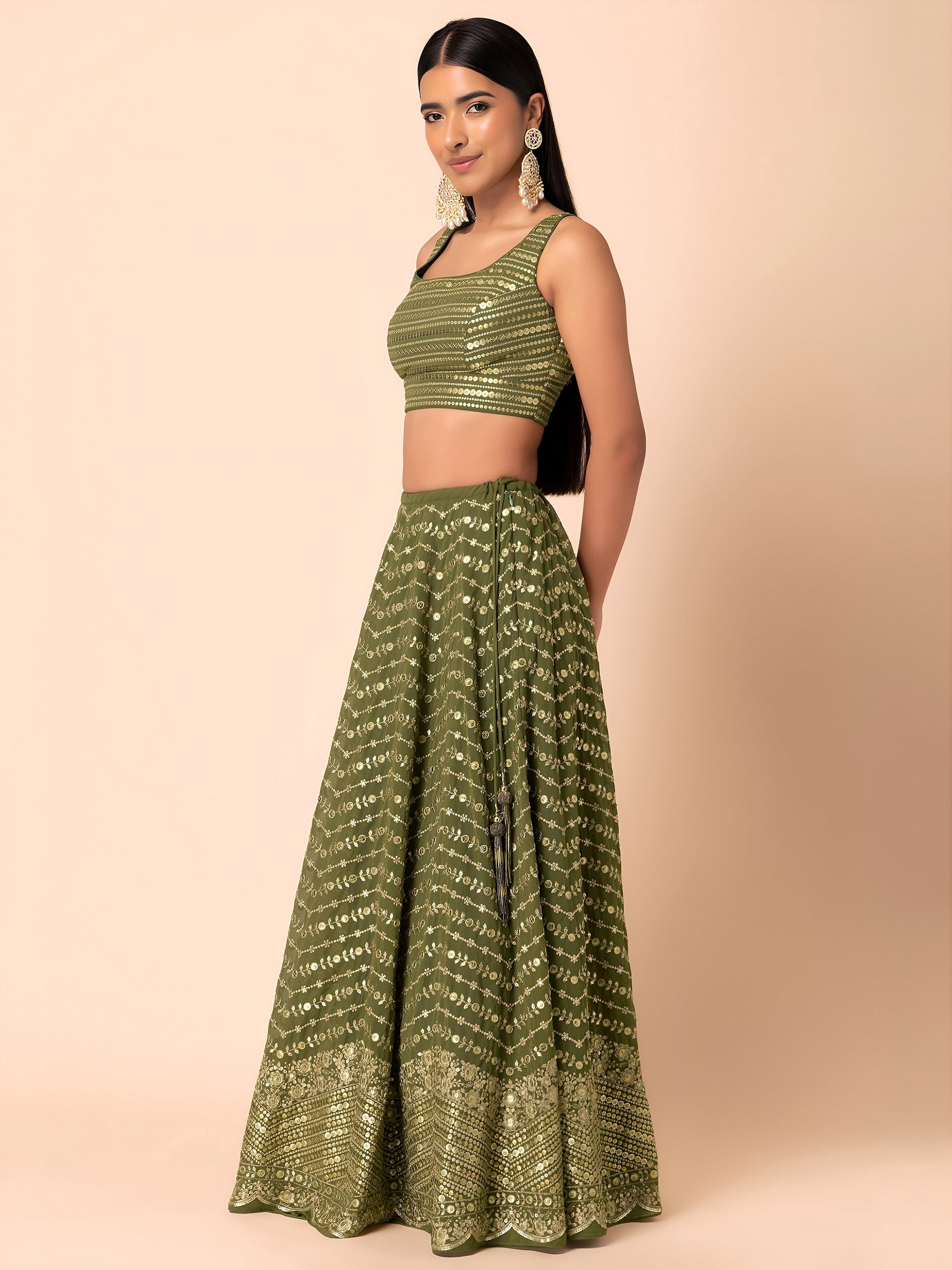 Ravishing Green Zari Embroidery Georgette Mehendi Wear Lehenga Choli