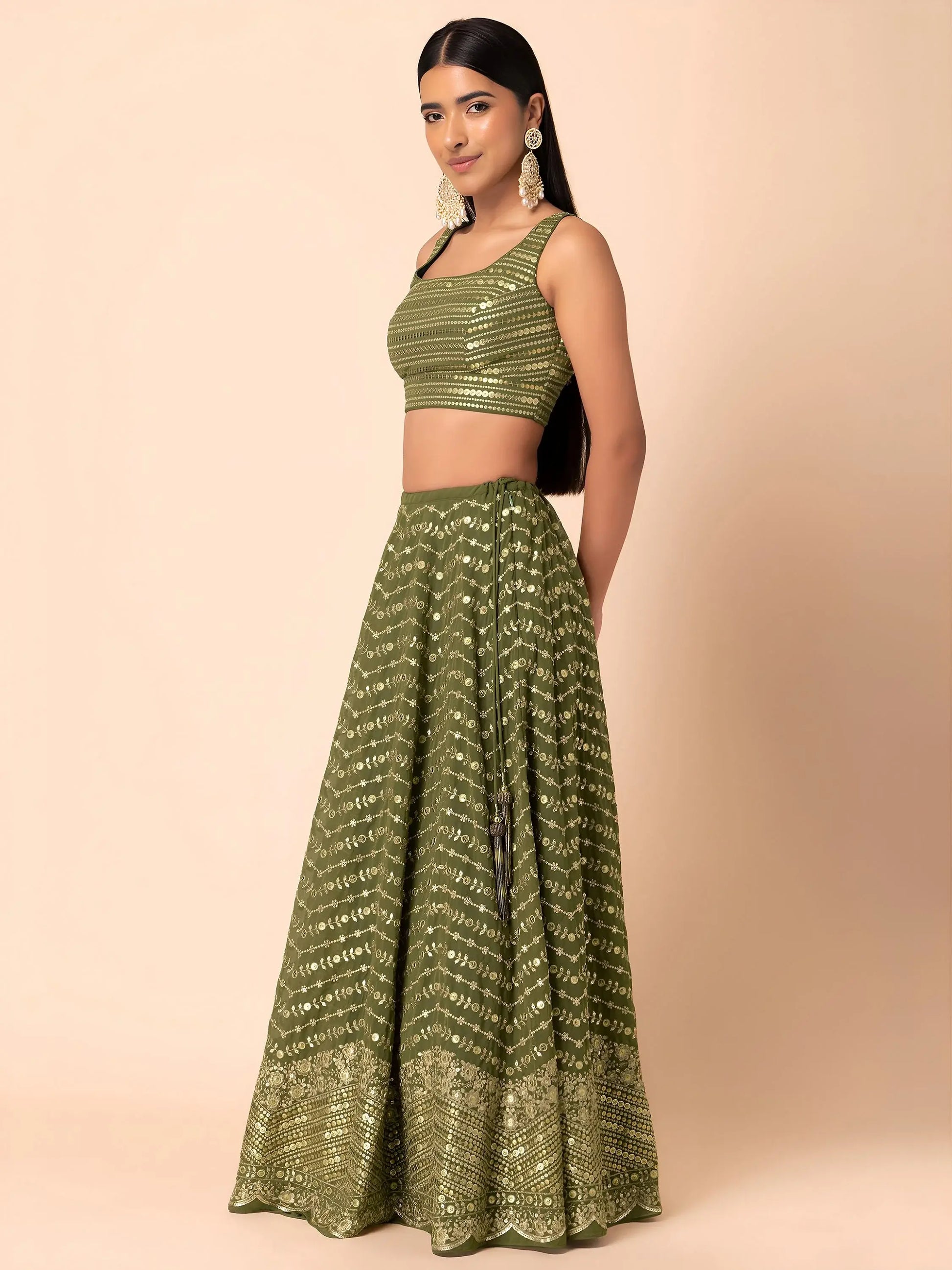 Ravishing Green Zari Embroidery Georgette Mehendi Wear Lehenga Choli