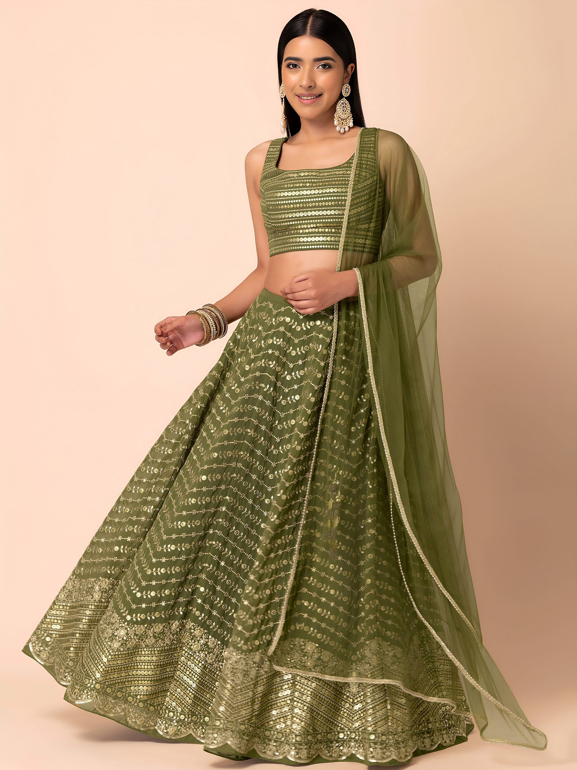 Ravishing Green Zari Embroidery Georgette Mehendi Wear Lehenga Choli
