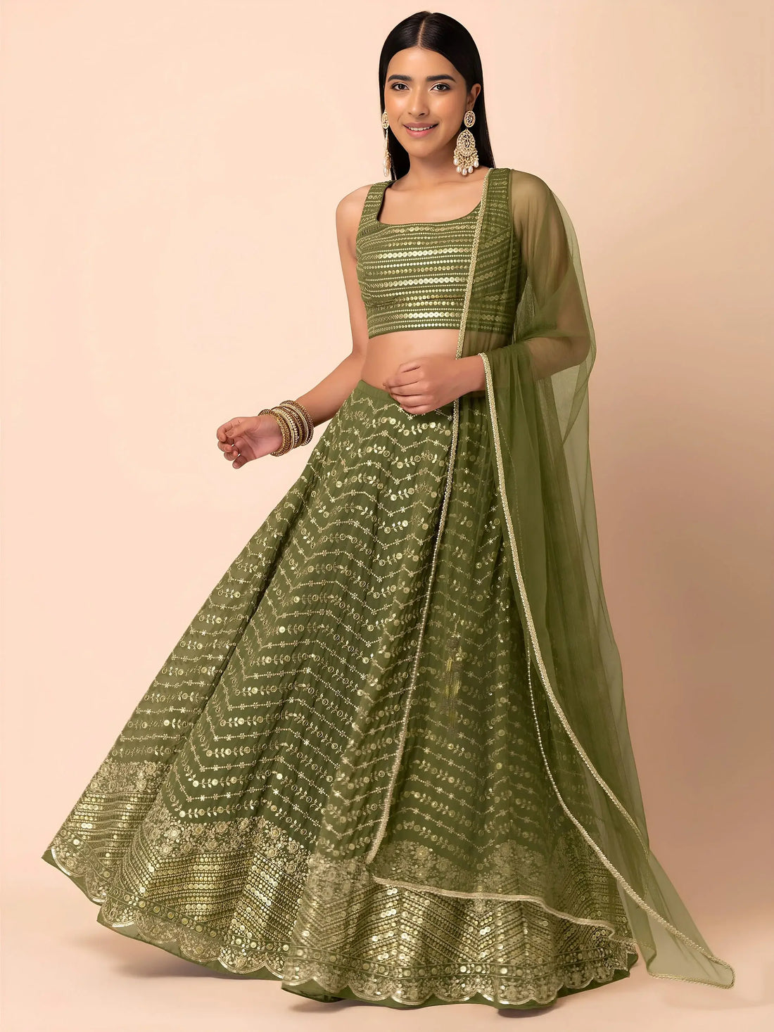 Ravishing Green Zari Embroidery Georgette Mehendi Wear Lehenga Choli