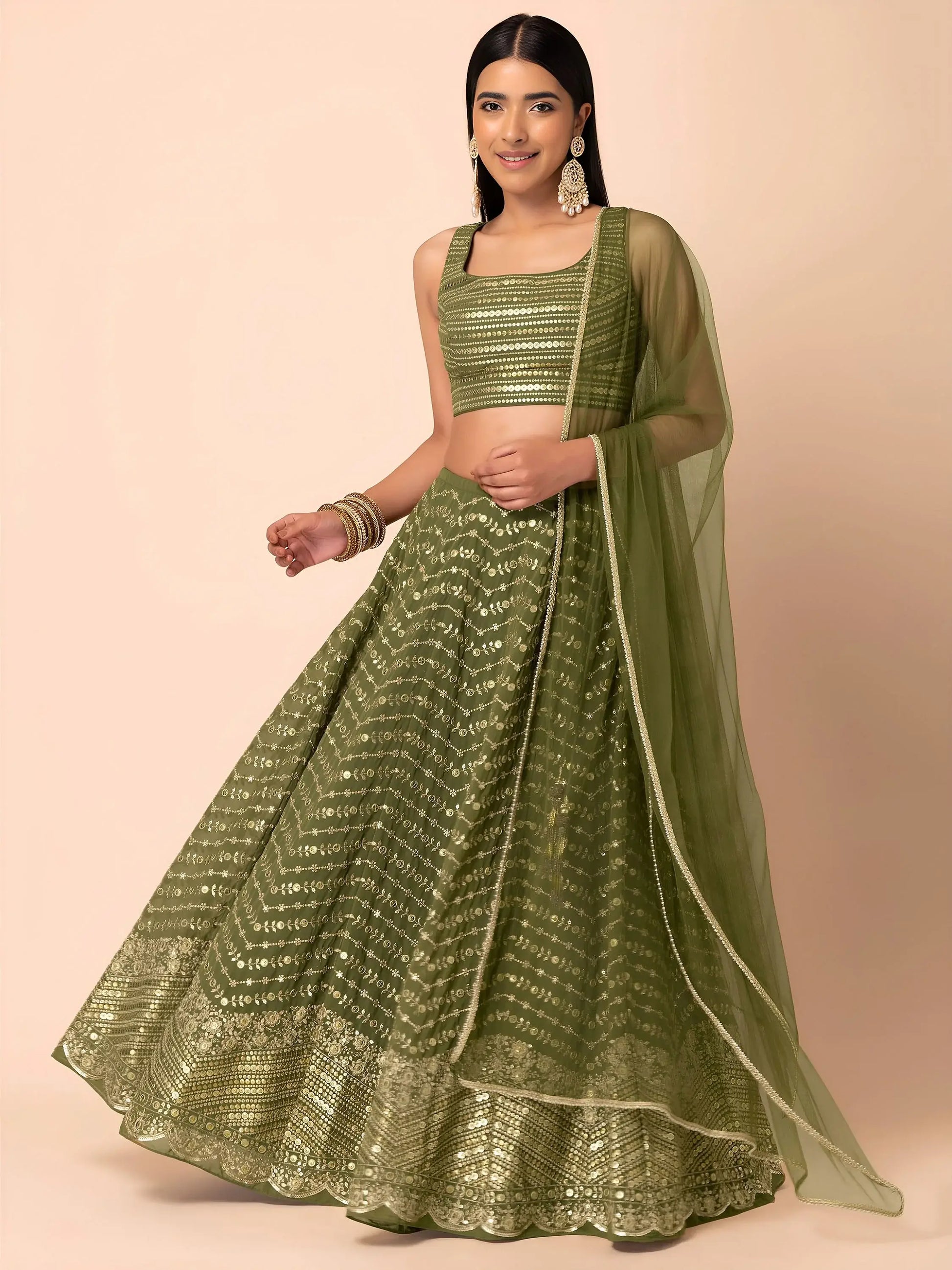 Ravishing Green Zari Embroidery Georgette Mehendi Wear Lehenga Choli