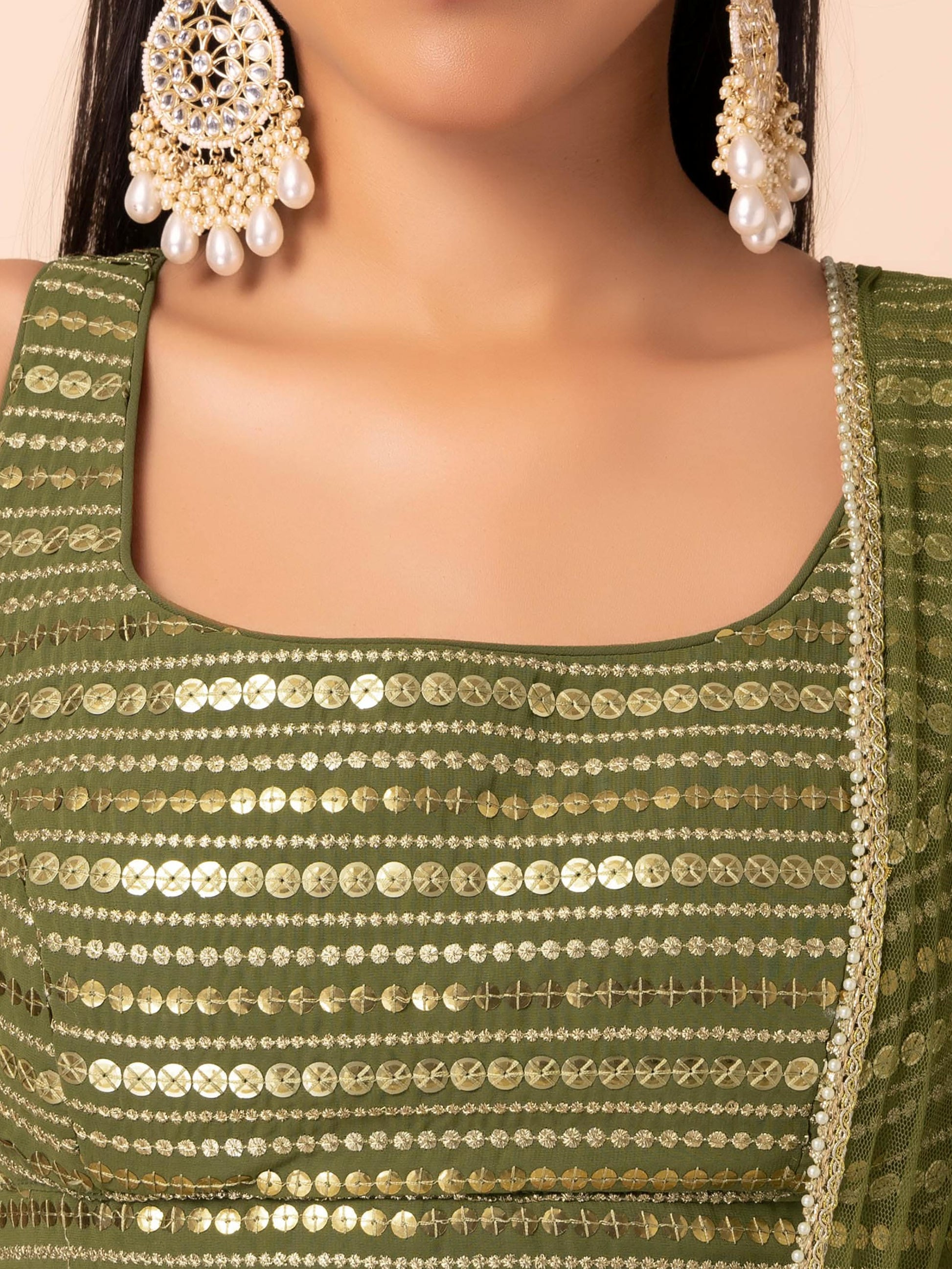 Ravishing Green Zari Embroidery Georgette Mehendi Wear Lehenga Choli