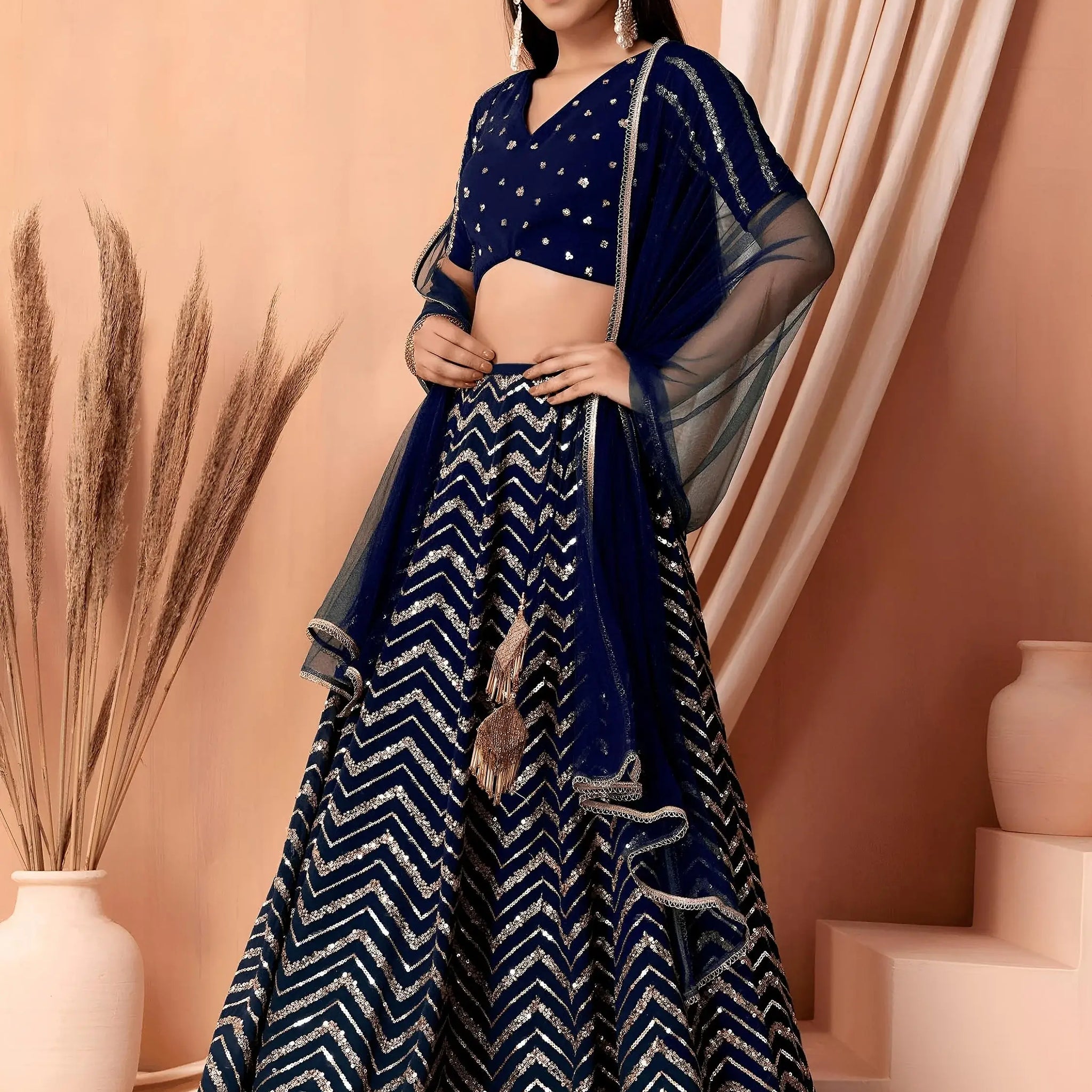 Desirable Navy Blue Embroidered Georgette Lehenga Choli With Dupatta