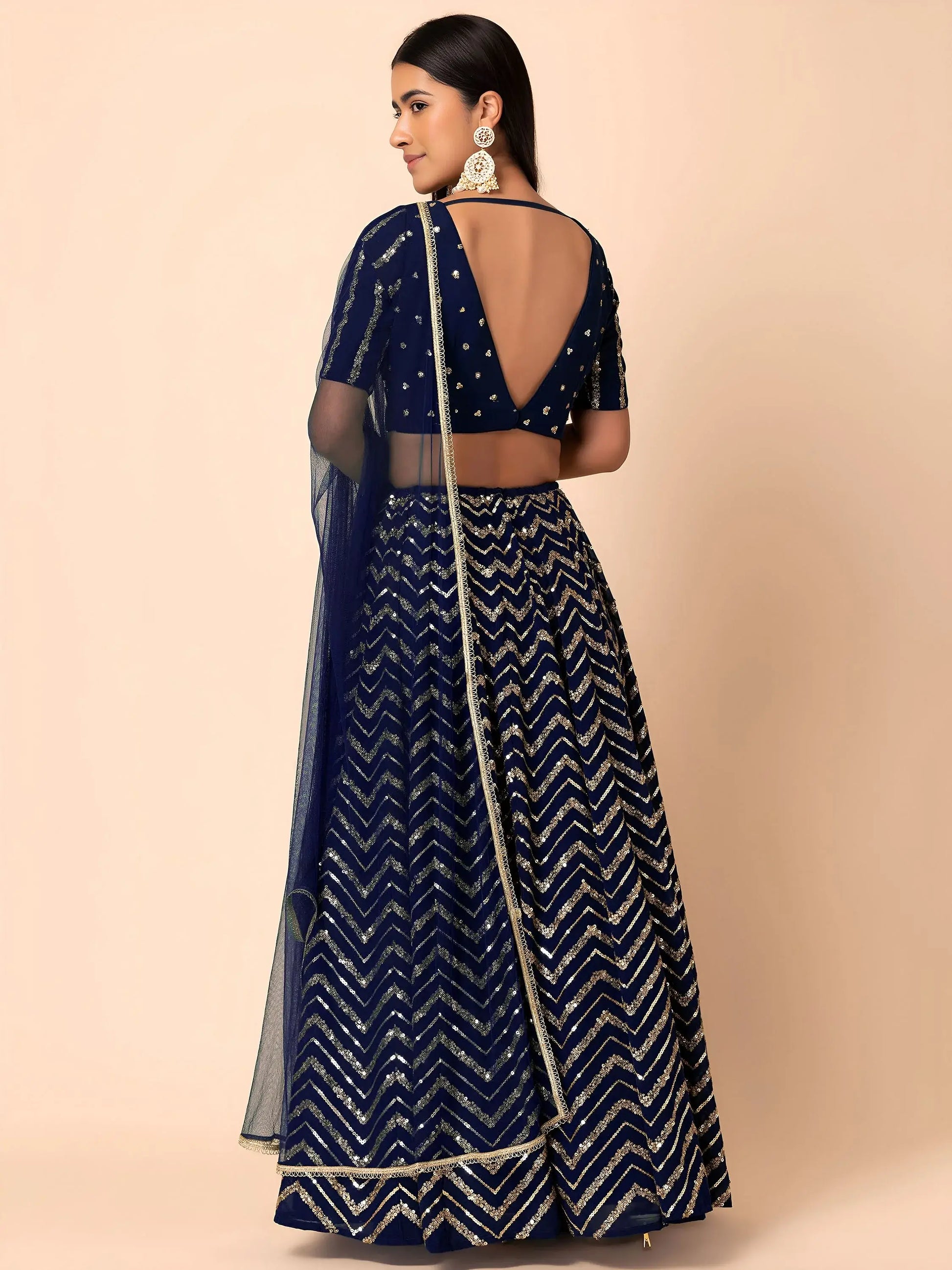 Desirable Navy Blue Embroidered Georgette Lehenga Choli With Dupatta