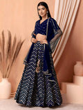 Desirable Navy Blue Embroidered Georgette Lehenga Choli With Dupatta
